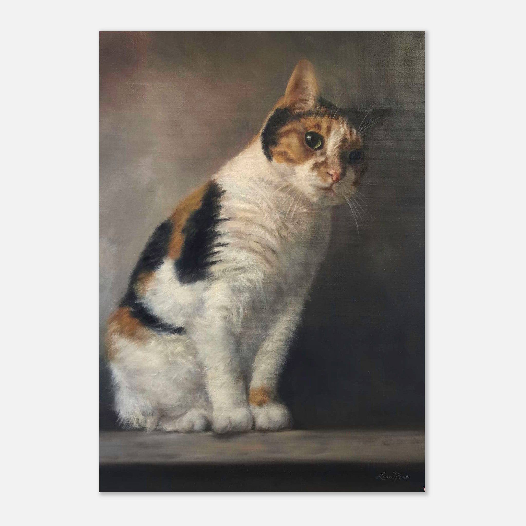 Realistic cat portrait painting poster featuring a calico cat with lifelike details and warm tones.