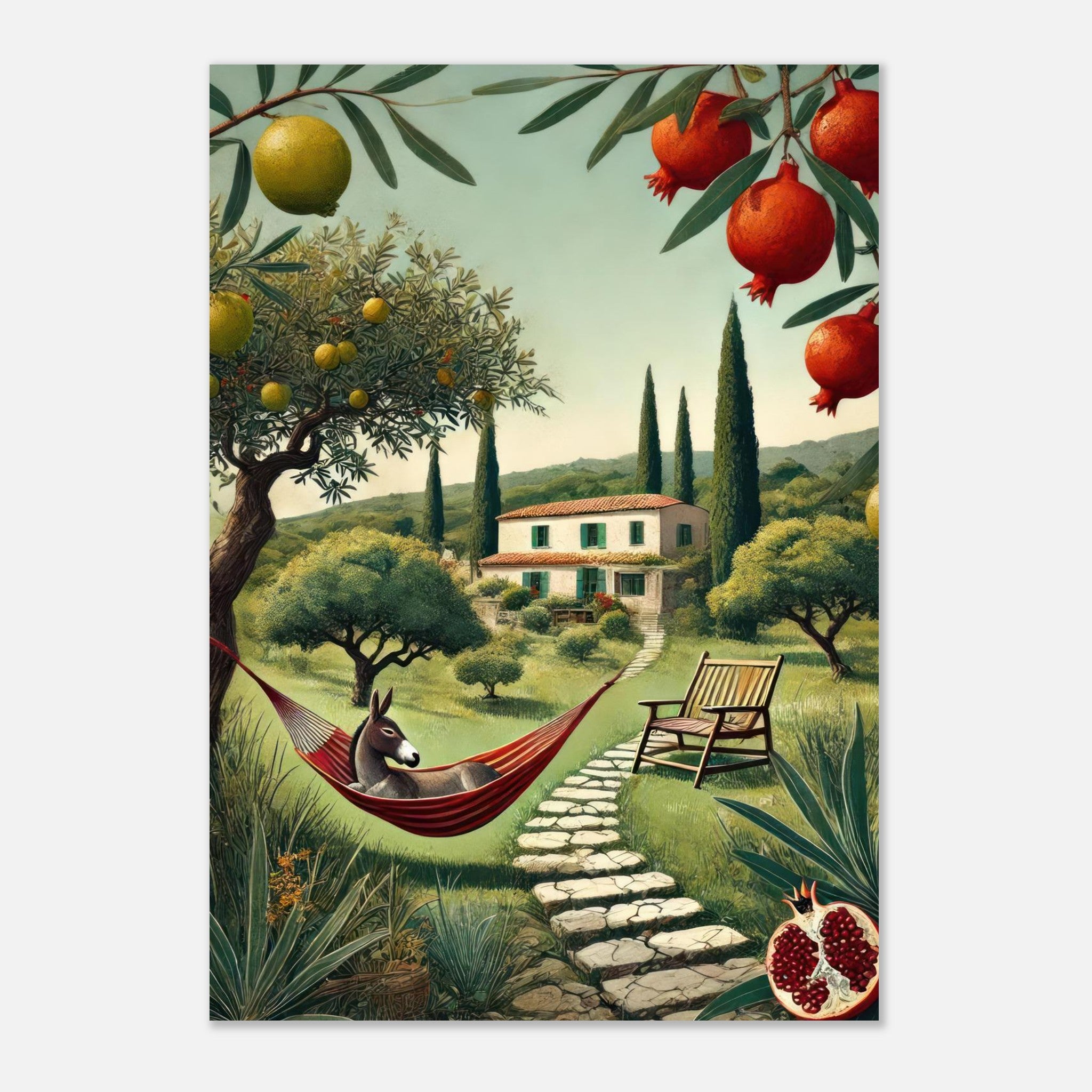 Charming Mediterranean rural landscape metal print with stone pathway, olive trees, and a hammock.