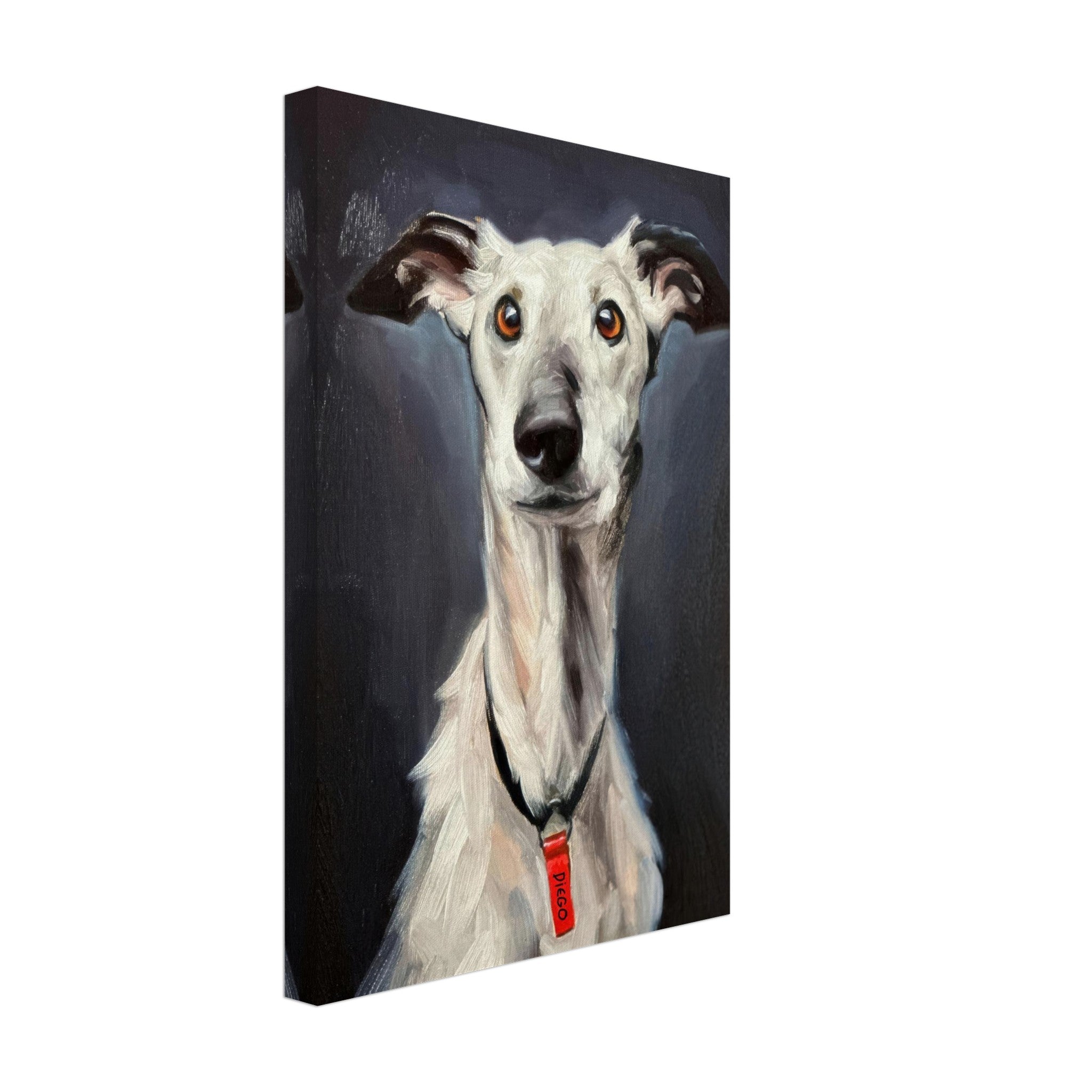 Elegant greyhound dog portrait on canvas print showcasing its expressive eyes and sleek form.
