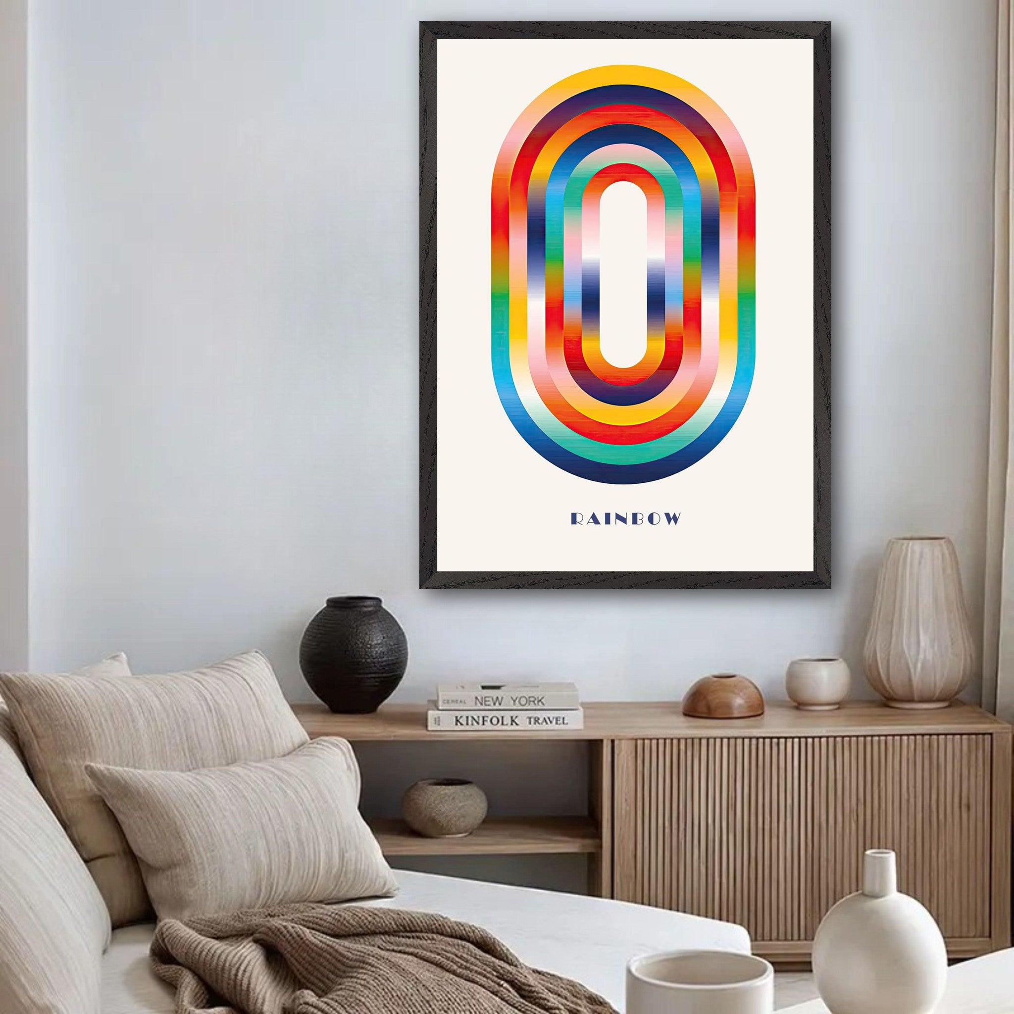 Abstract rainbow geometric art print in a stylish living room, showcasing vibrant colors and modern decor.