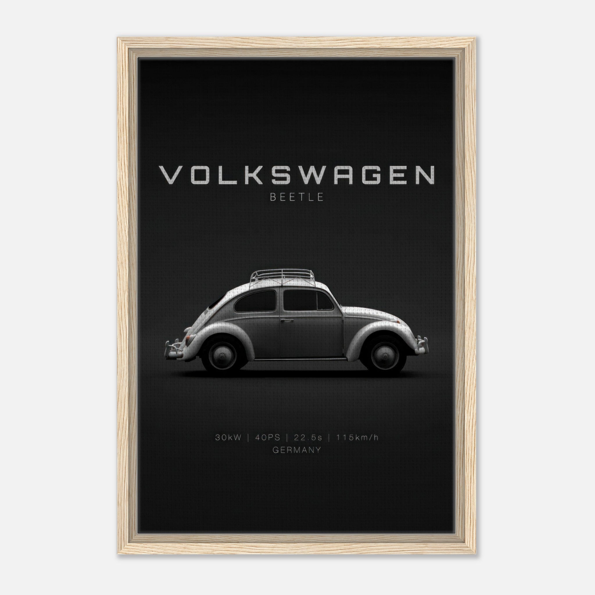 Volkswagen Beetle framed canvas artwork featuring a classic car design on a sleek black background.