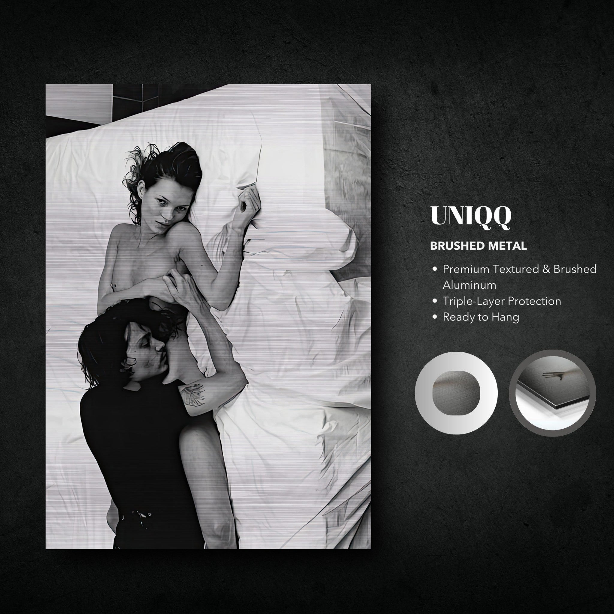 Brushed metal print of Kate Moss and Johnny Depp in a 1994 black-and-white photo, showcasing 90s romance and rebellion.