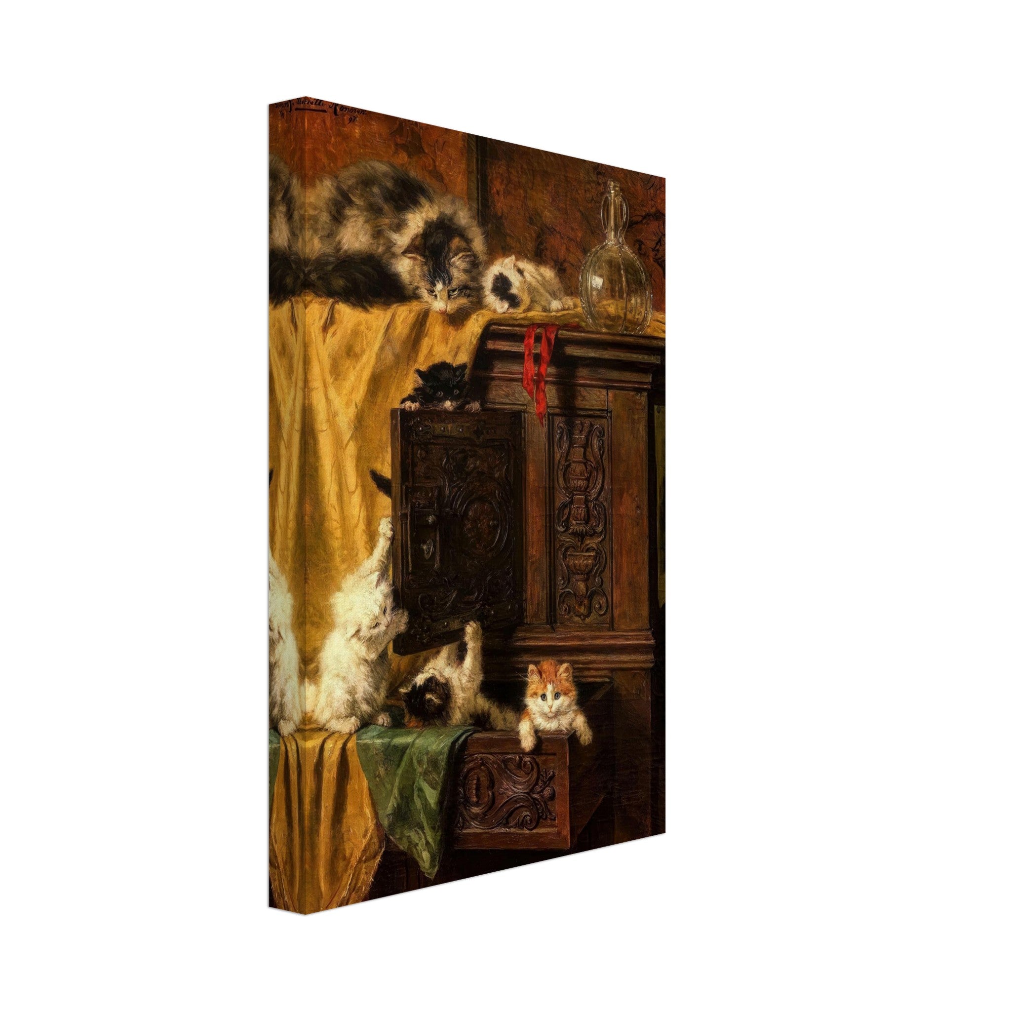 Vintage cat painting canvas print featuring playful kittens on an antique cabinet in warm tones.