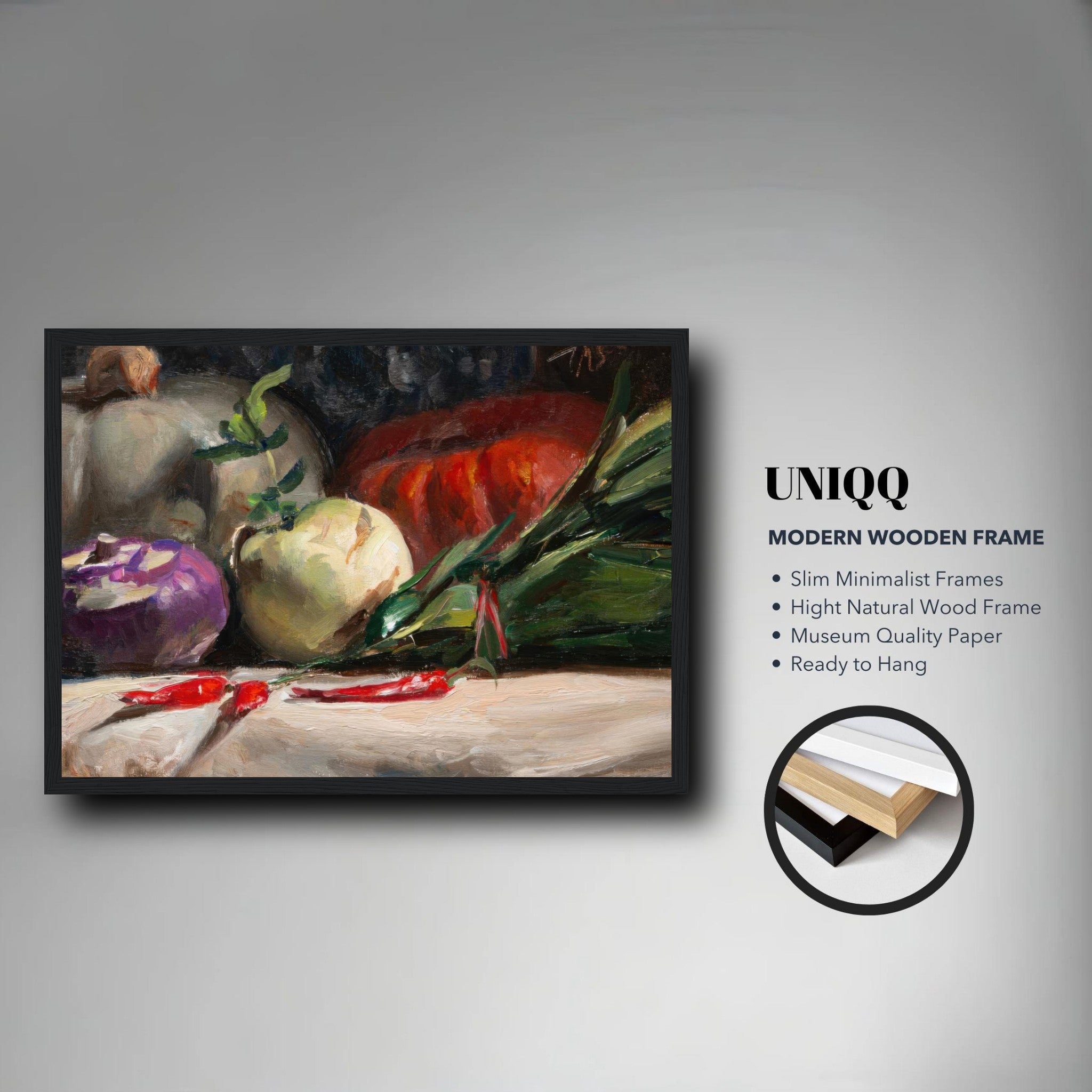Framed print of kohlrabi, pumpkins, and chilis in a modern wooden frame, perfect for kitchen decor.