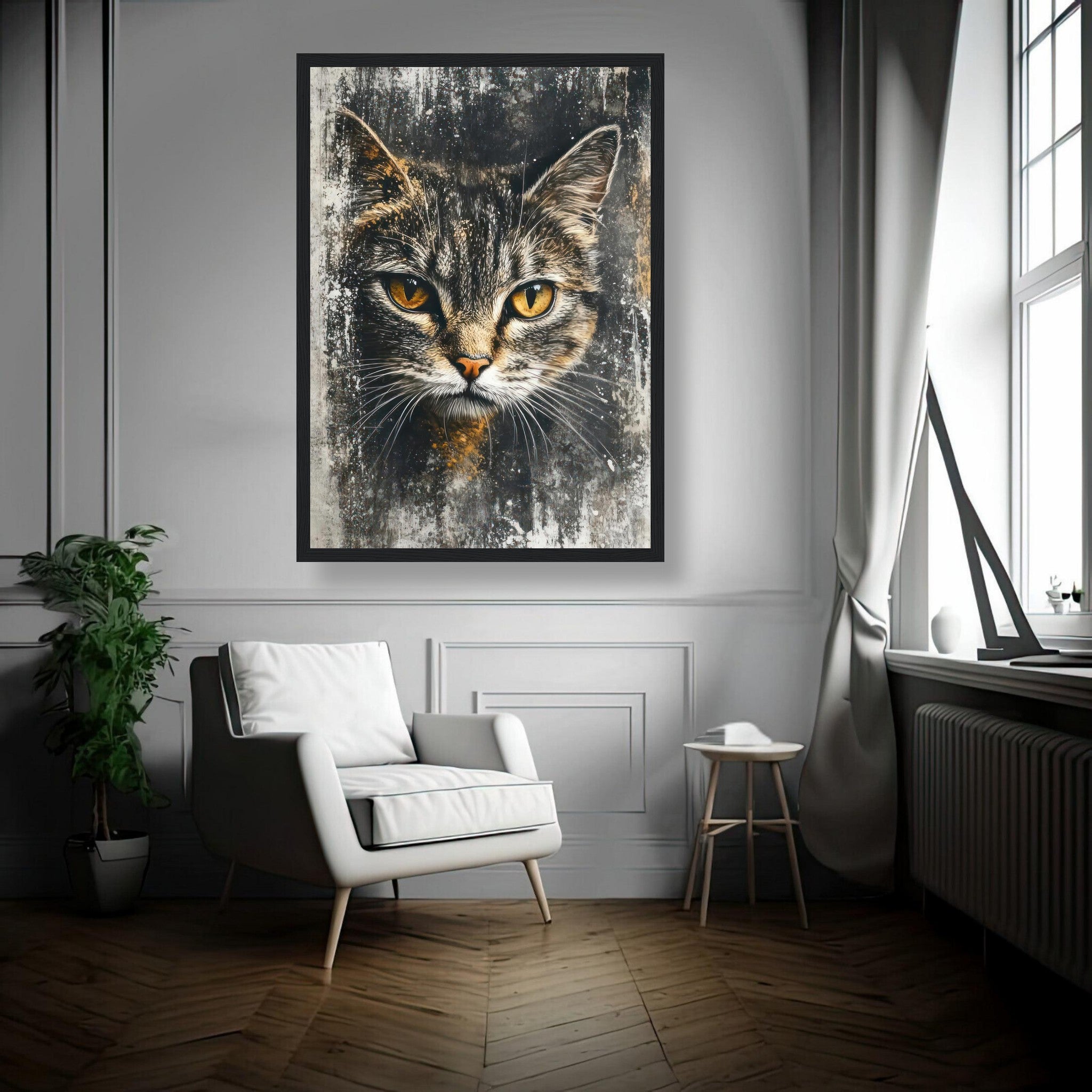Stunning cat painting artwork framed print with golden eyes, perfect for elegant home decor.