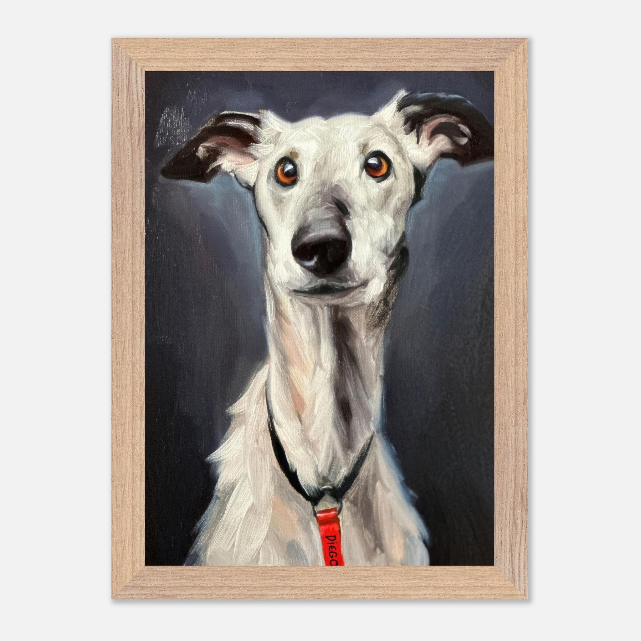 Elegant Greyhound dog painting in vintage frame showcasing noble expression and sleek form.