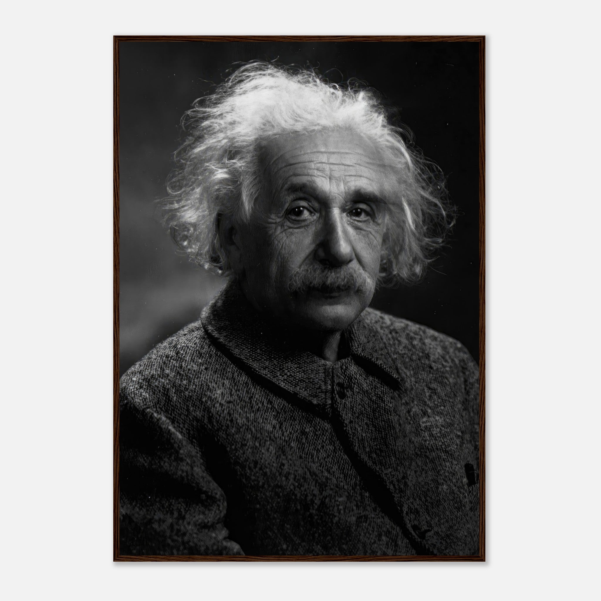Black and white portrait of Albert Einstein, framed print showcasing his thoughtful expression.