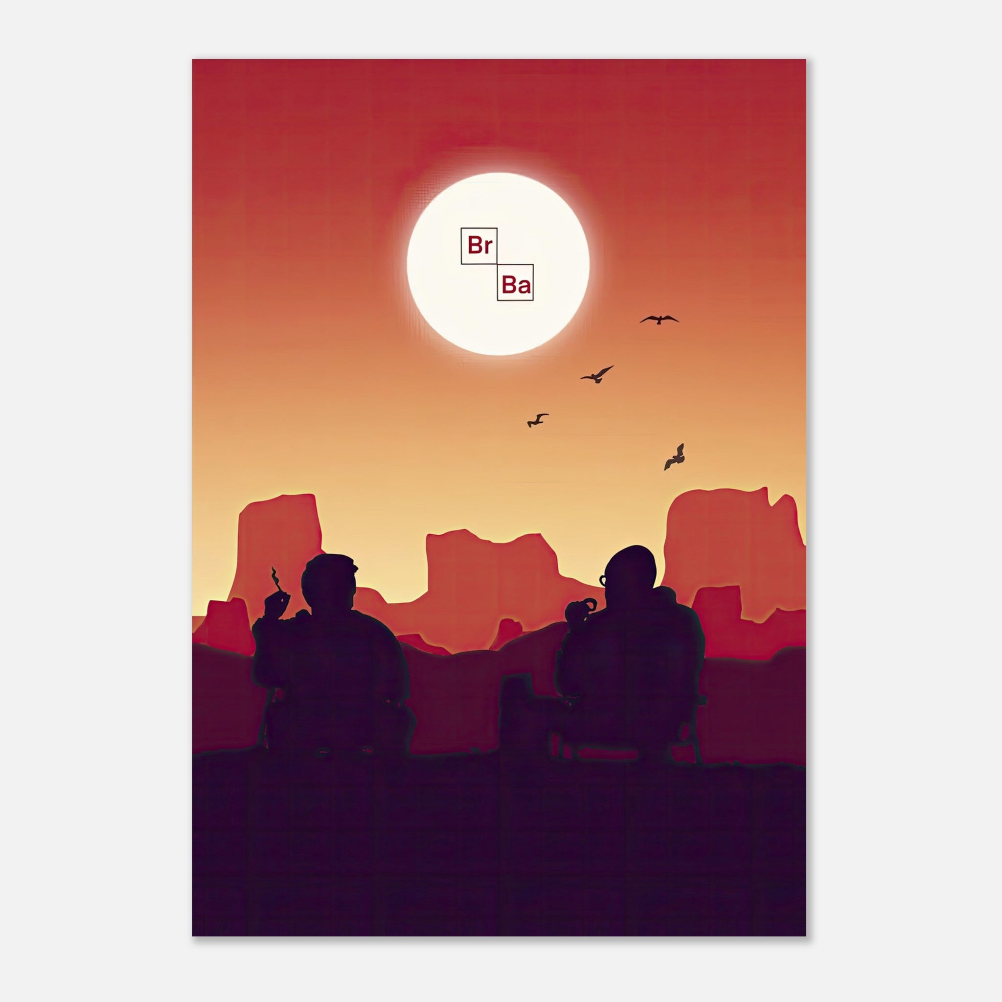 Sunset Breaking Bad poster featuring silhouettes of two characters against a vibrant desert sunset backdrop.