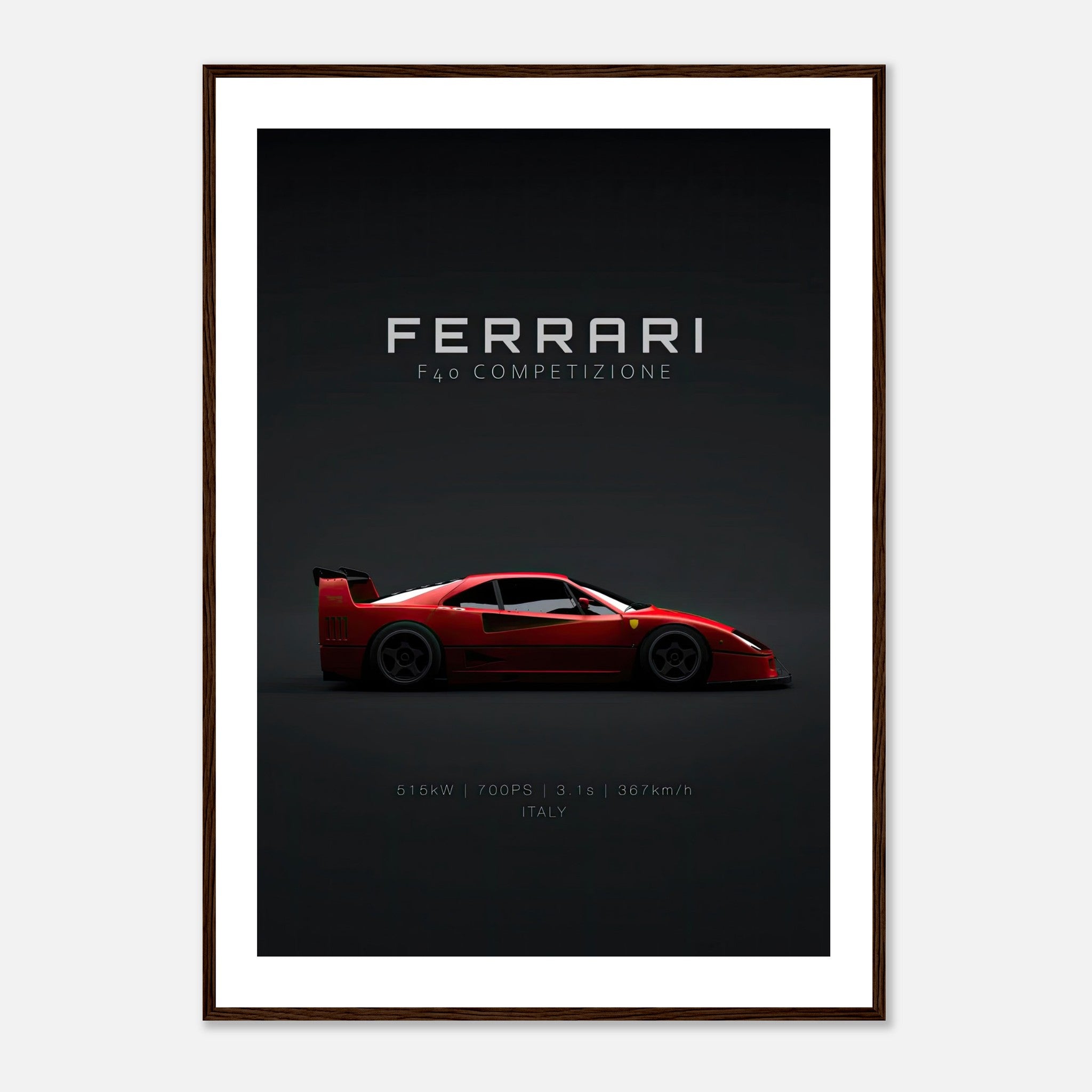 Ferrari F40 Competizione framed poster showcasing sleek red supercar design on a dark minimalist background.