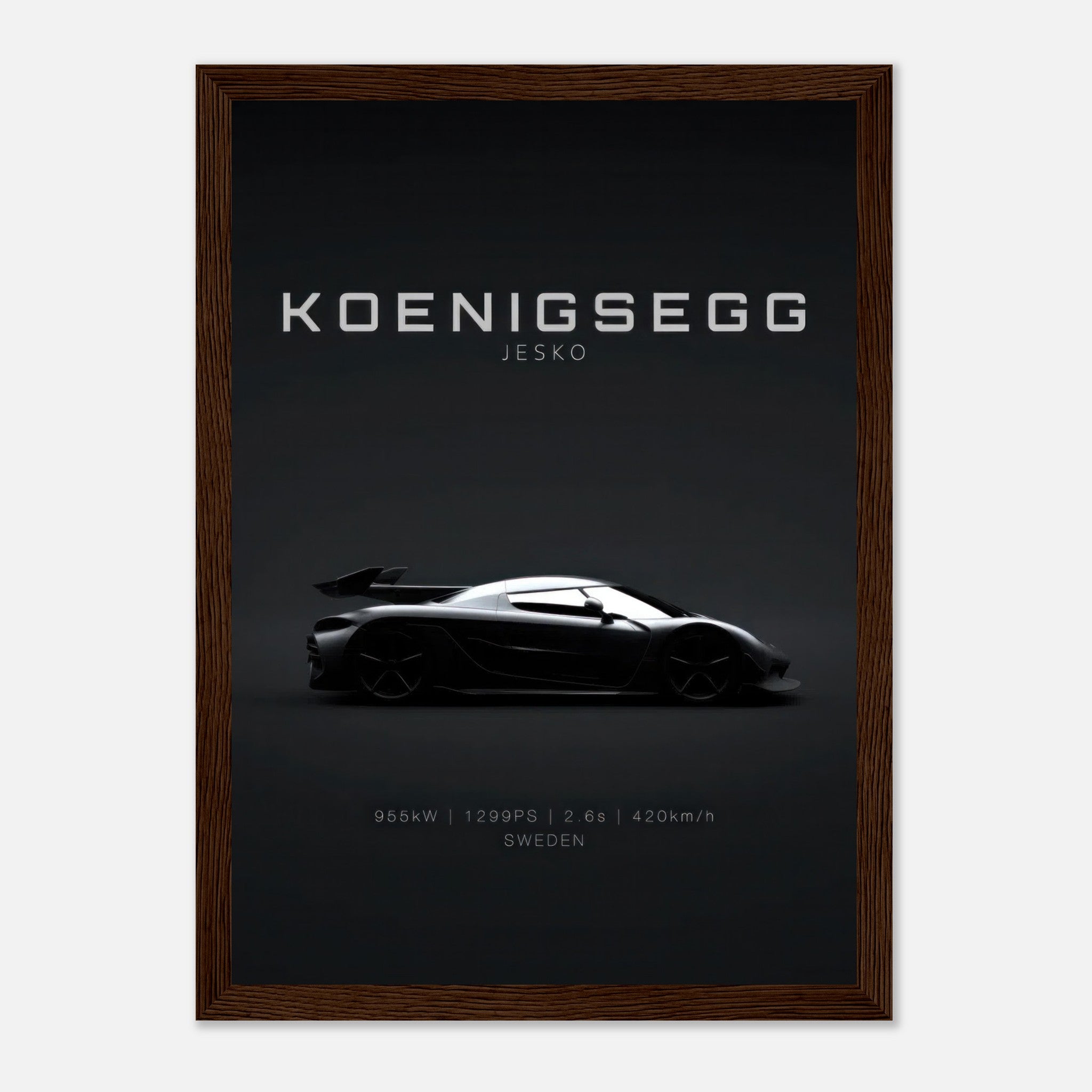 Koenigsegg Jesko Framed Poster showcasing sleek hypercar silhouette against a minimalist black background.
