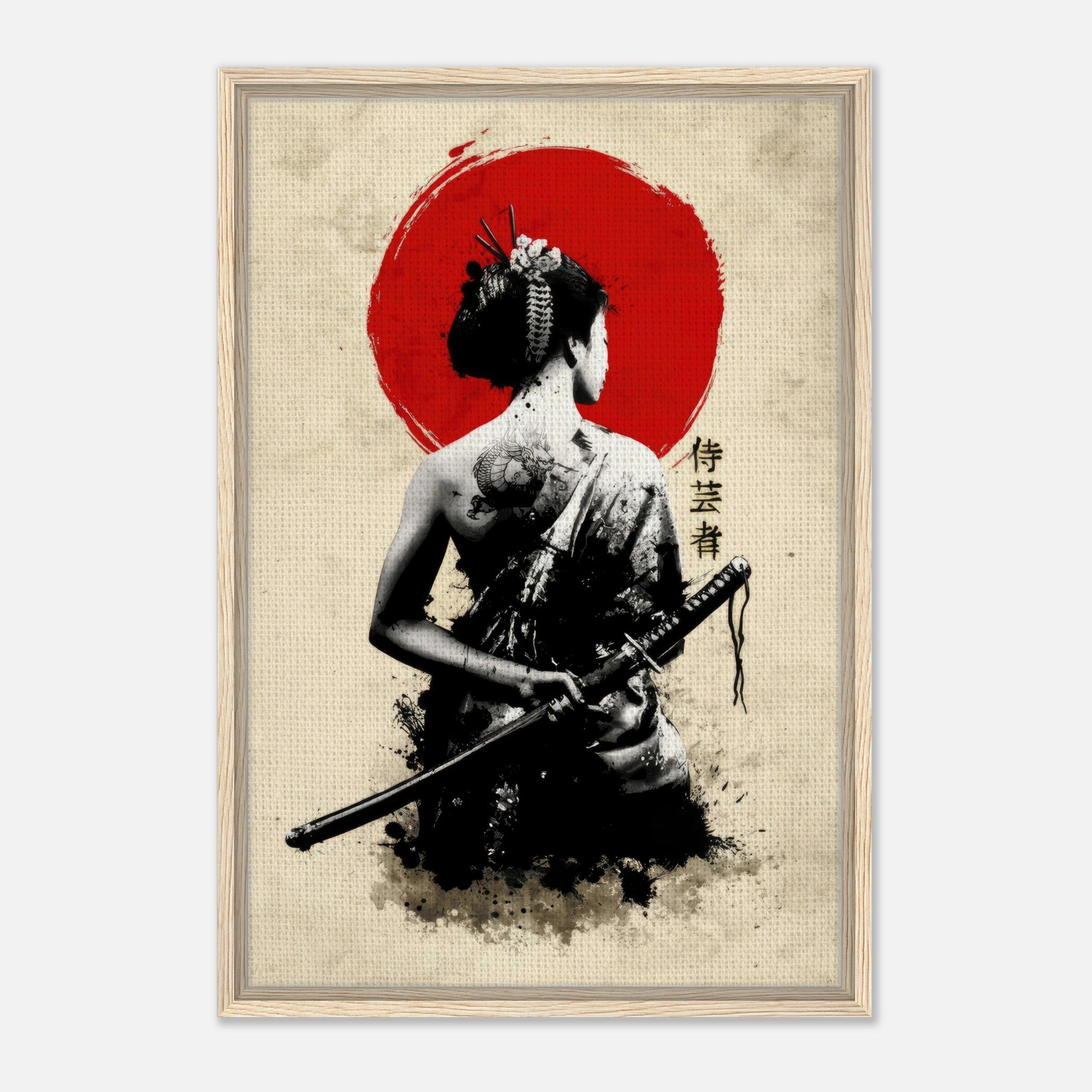 Framed canvas art of a geisha with katana against a red sun, symbolizing strength and elegance in Japanese culture.