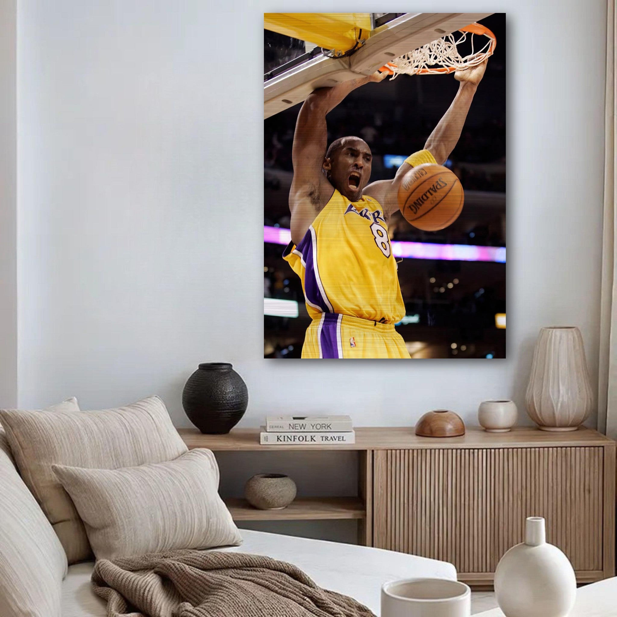 Kobe Bryant's iconic slam dunk artwork on brushed metal, capturing his athleticism and competitive spirit.