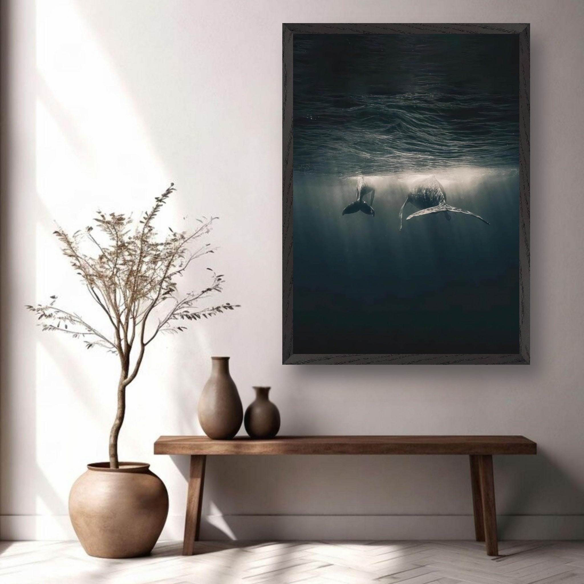 Whales swimming underwater in fine art print hanging on a wall, showcasing tranquility and elegance.