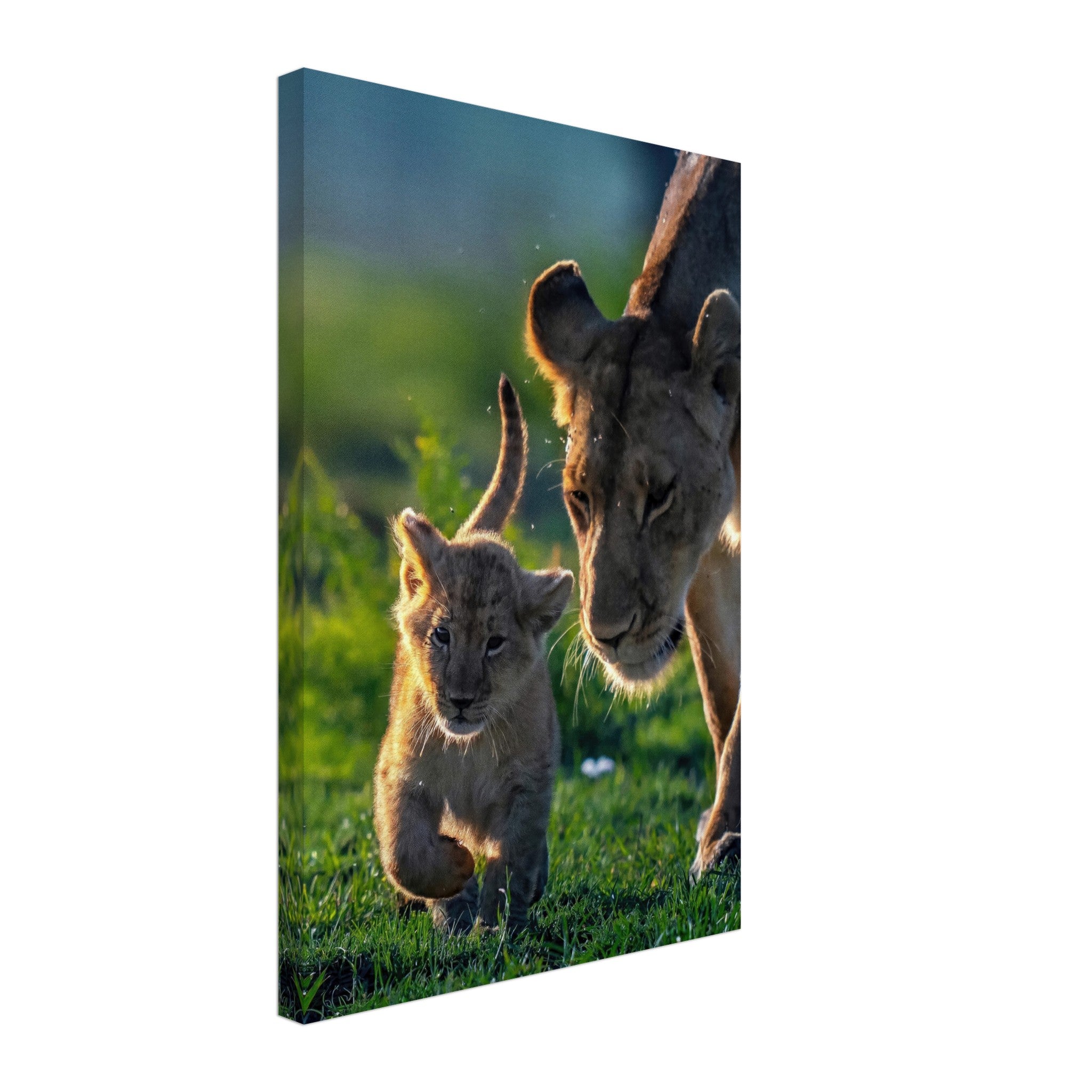 Protective lion mother and cub on canvas, showcasing love and strength in vibrant detail.