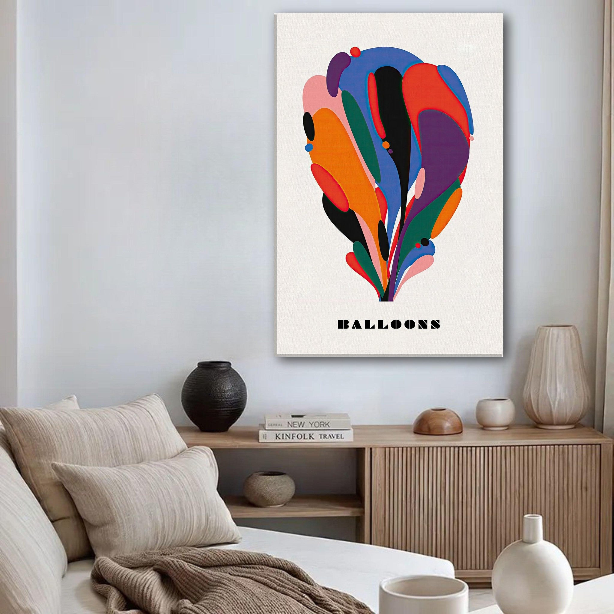 Abstract Balloon Art Canvas Print showcasing colorful balloon shapes, perfect for modern home decor.