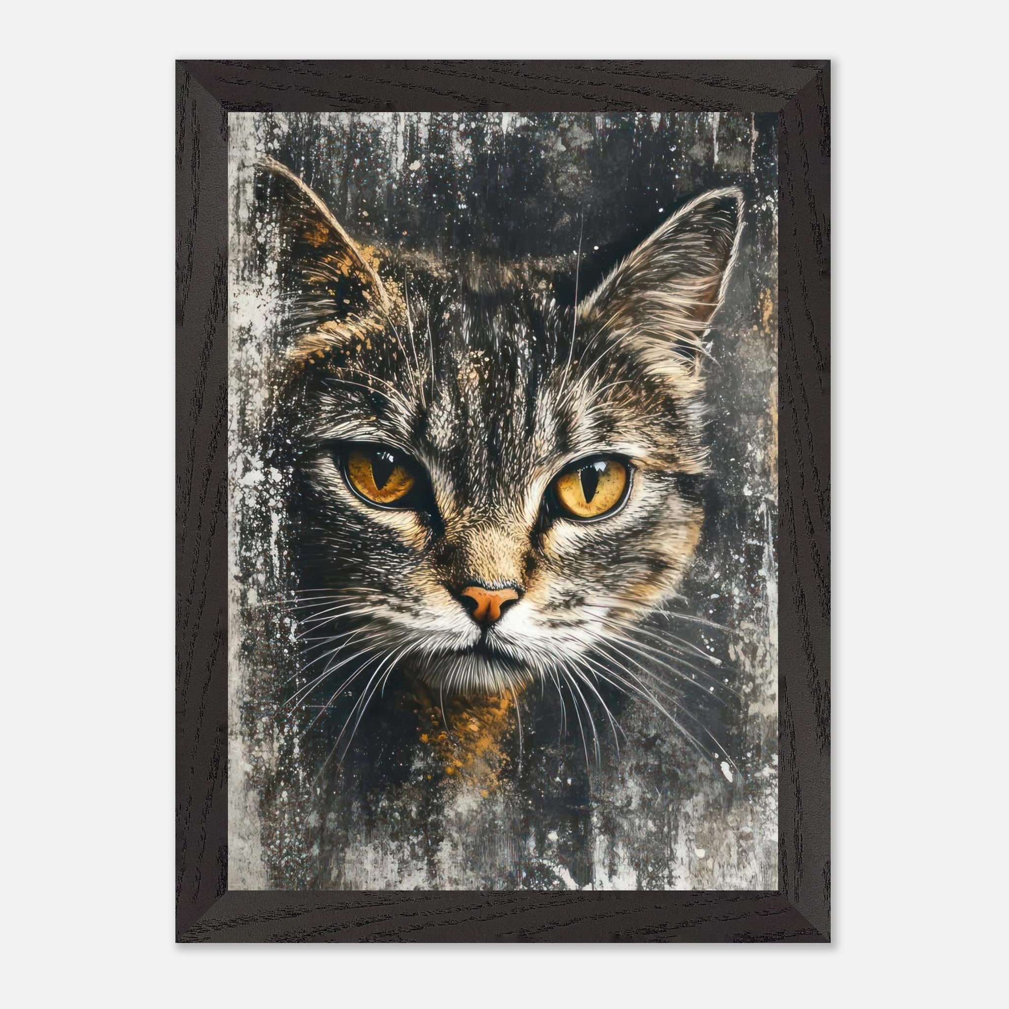 Vintage framed cat painting artwork with striking golden eyes, perfect for enhancing home decor.