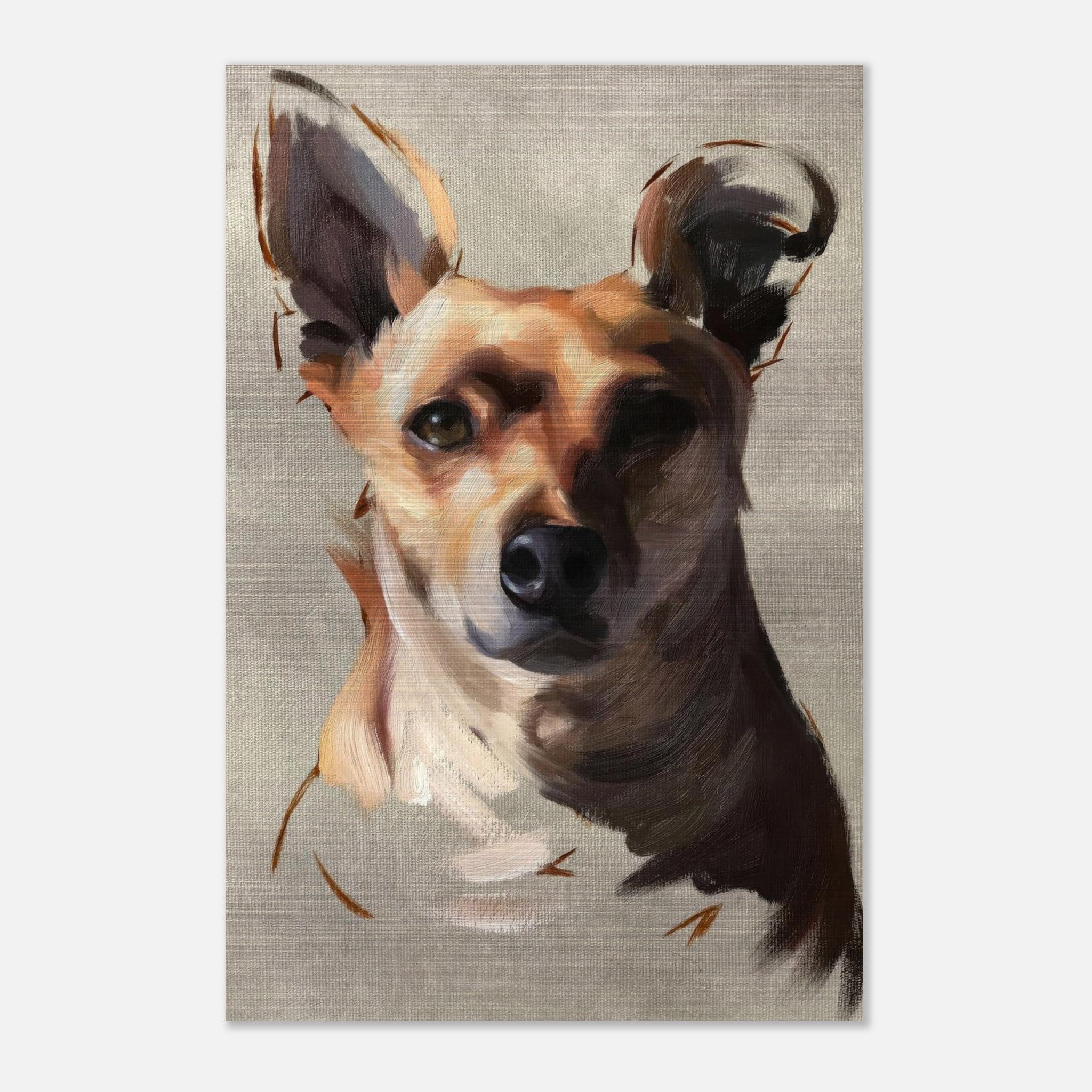 Chihuahua dog painting on brushed metal, showcasing vibrant, high-definition artwork and expressive details.