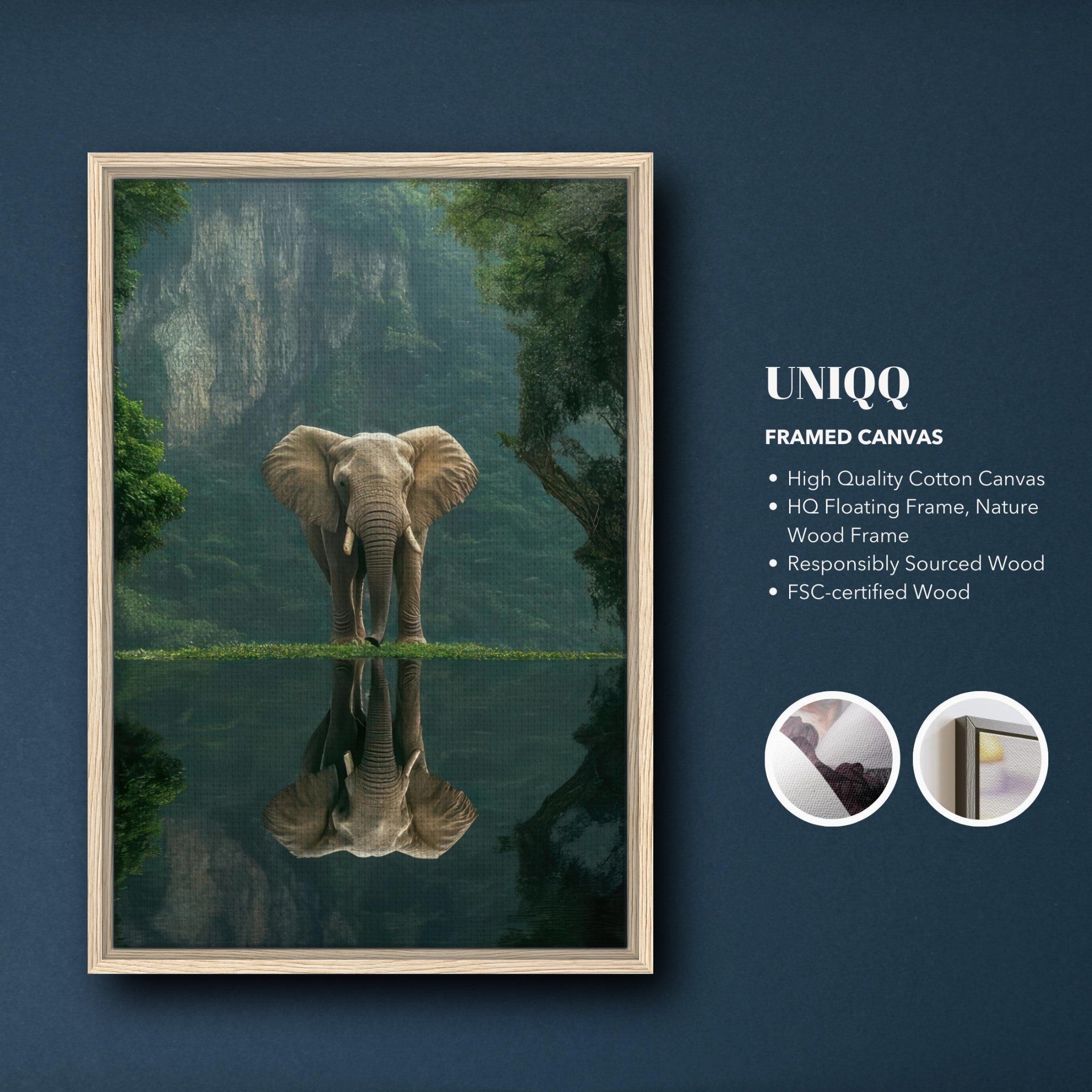 Jungle Elephant portrait framed canvas print featuring serene elephant reflection in nature.