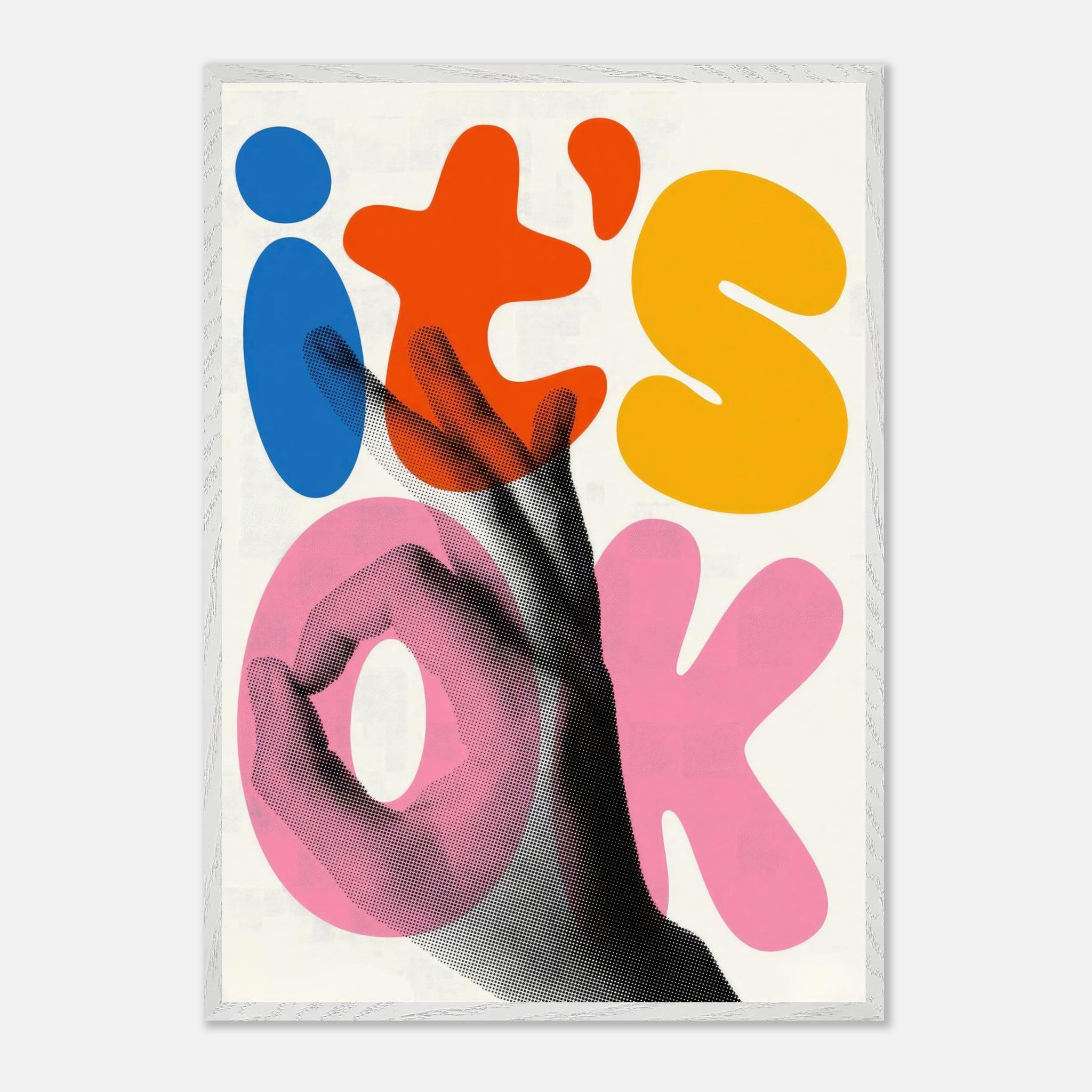 Retro abstract pop art print featuring vibrant colors and a hand gesture saying "It's OK".