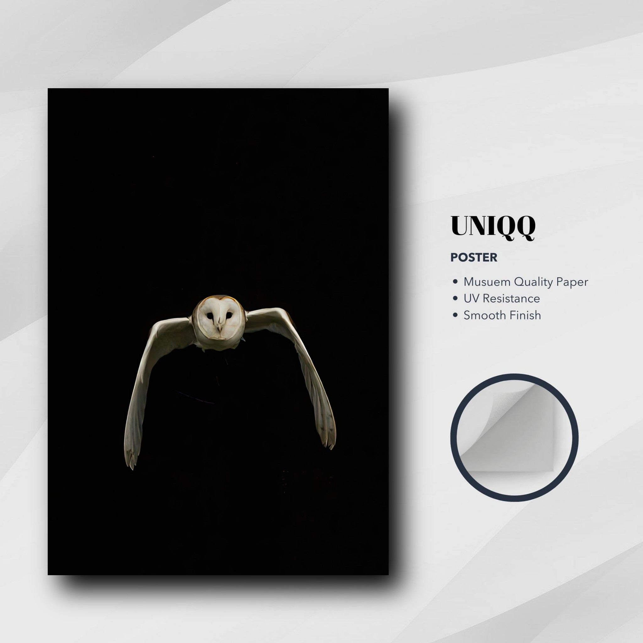 Owl poster featuring a barn owl gliding through darkness, showcasing minimalist art and striking contrast.