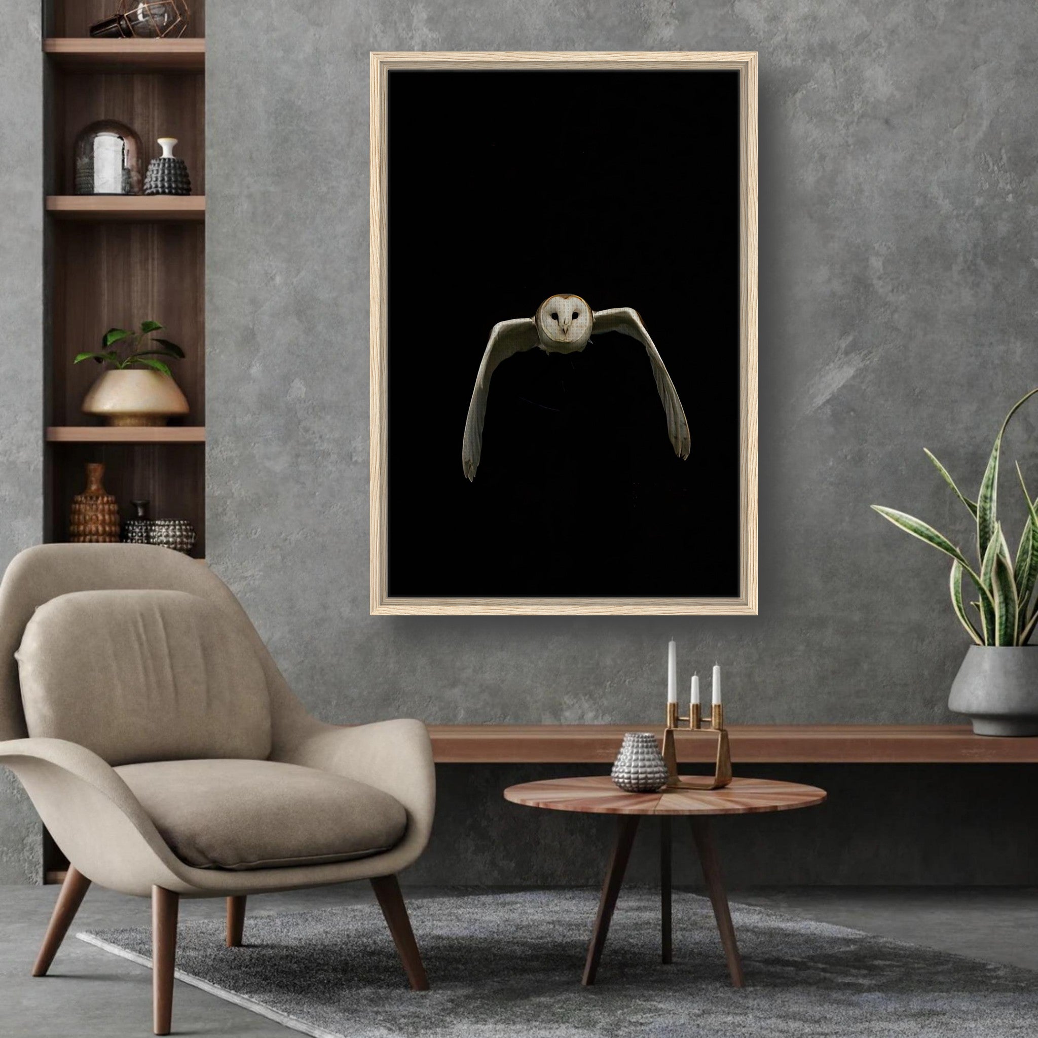 Owl framed canvas artwork featuring a majestic owl in flight against a black background, perfect for elegant home decor.