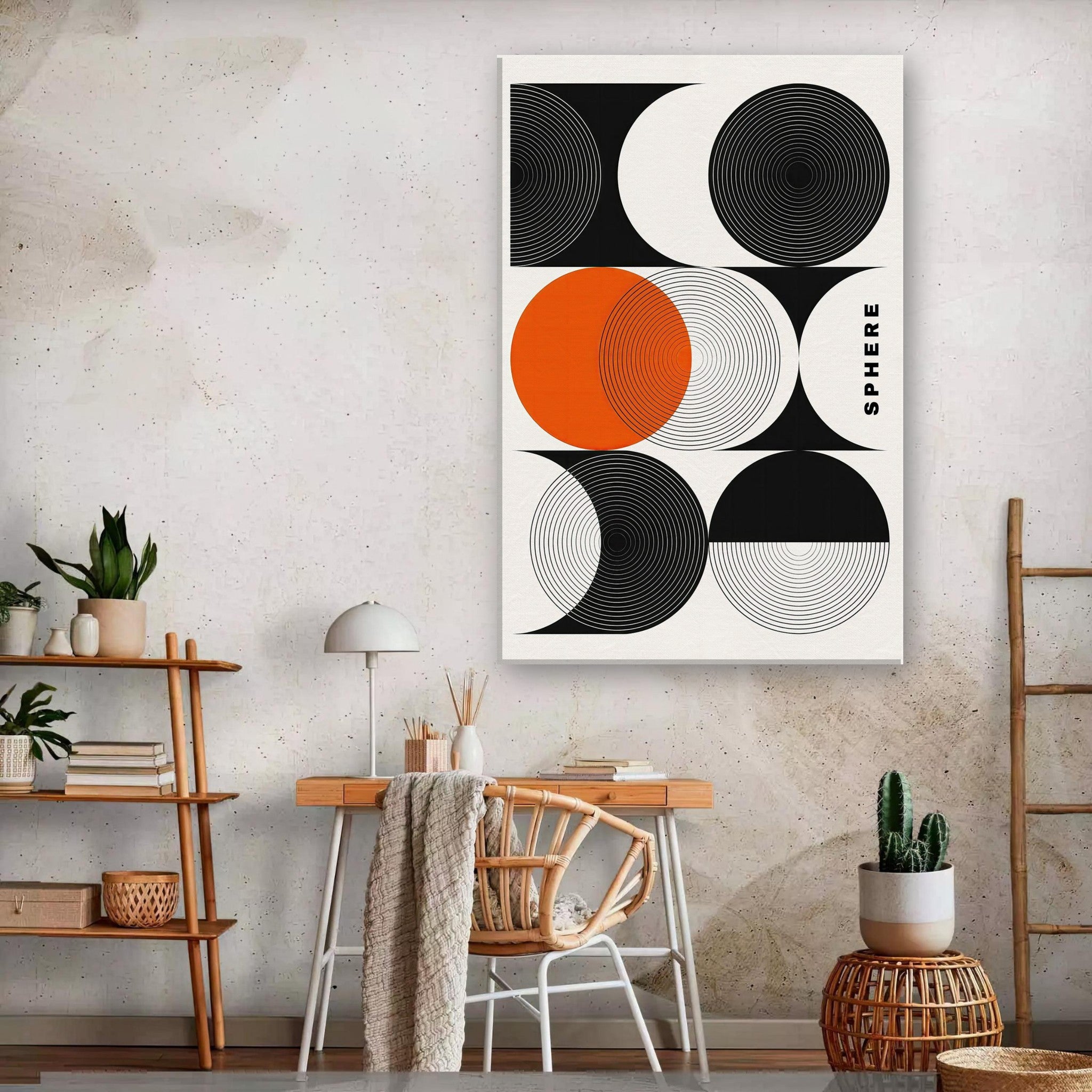 Abstract Geometric Sphere Canvas Print featuring black, white, and orange circular patterns in a modern interior setting.