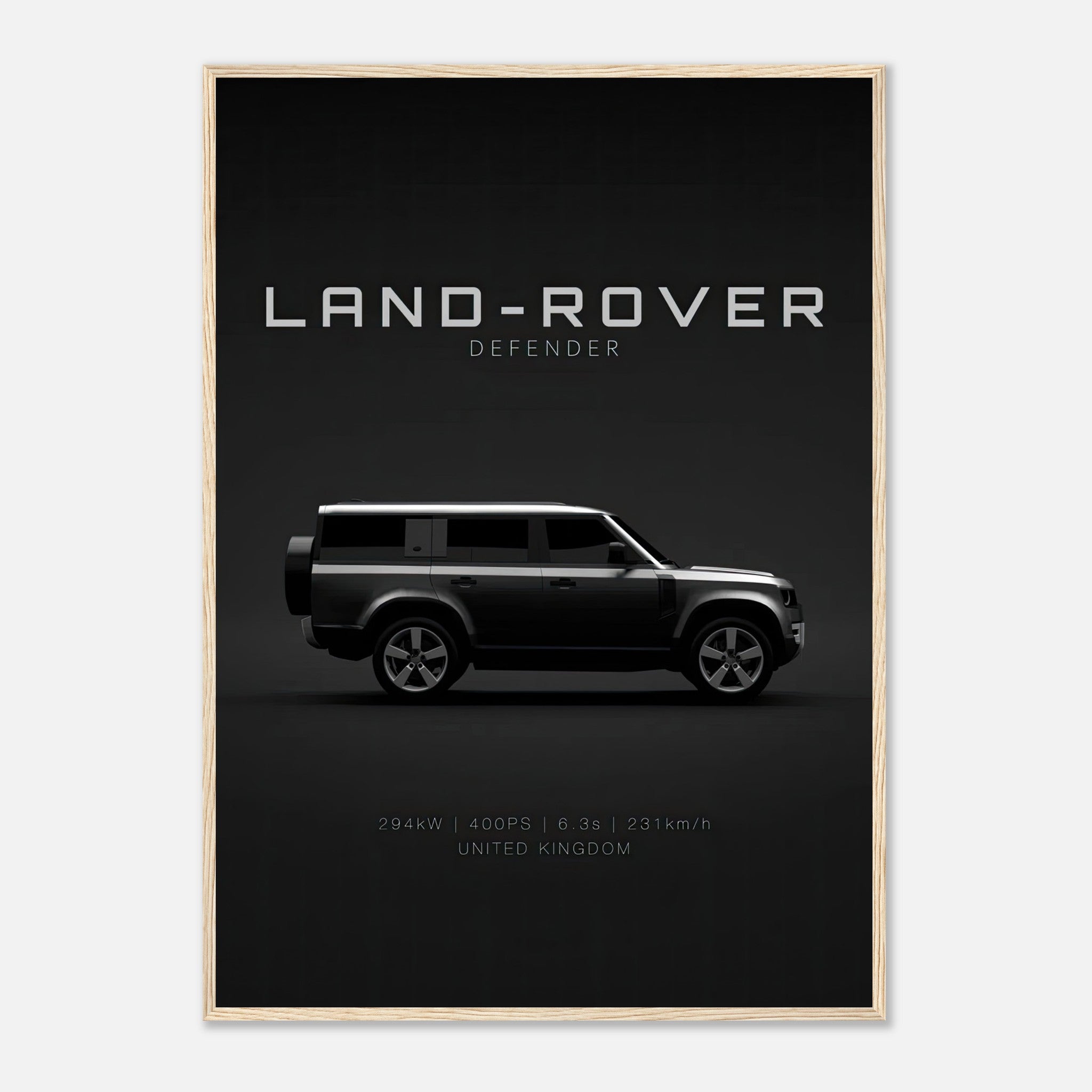 Framed print of a Land Rover Defender featuring a minimalist side profile design on a dark background.