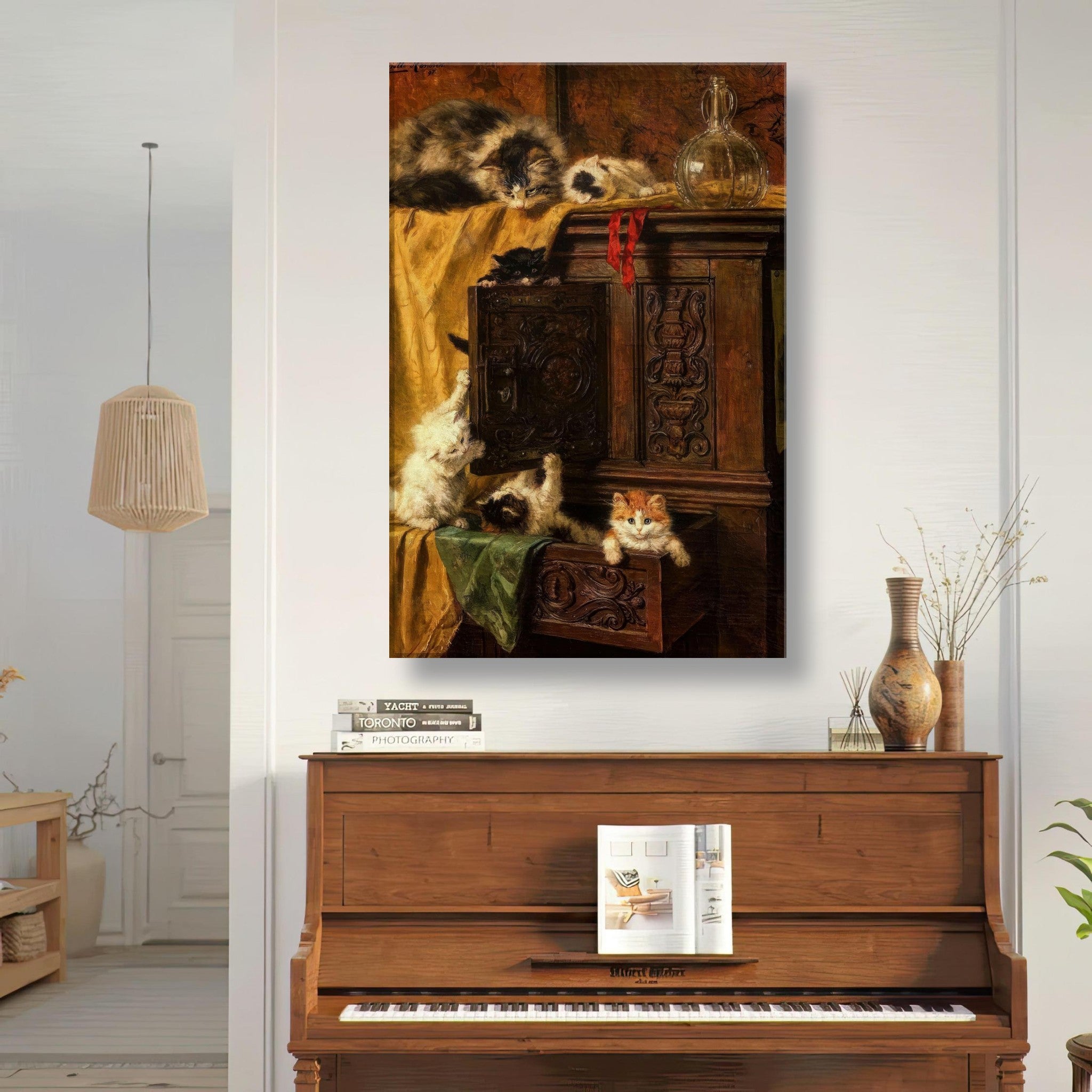Vintage Cat Painting canvas print showcasing playful kittens on an antique cabinet, adding charm to any space.