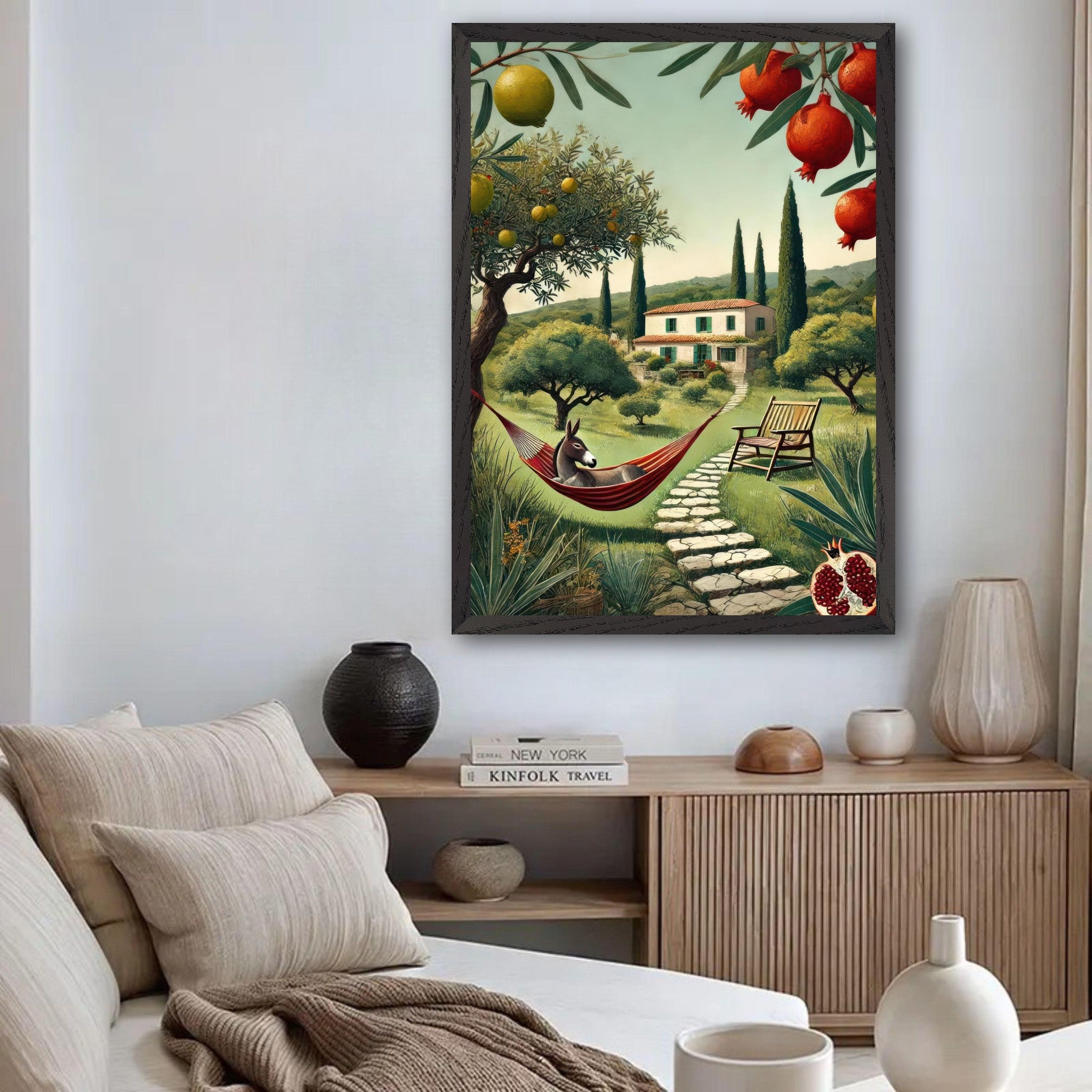 Mediterranean rural landscape artwork with a hammock, villa, and cypress trees, perfect for home decor.