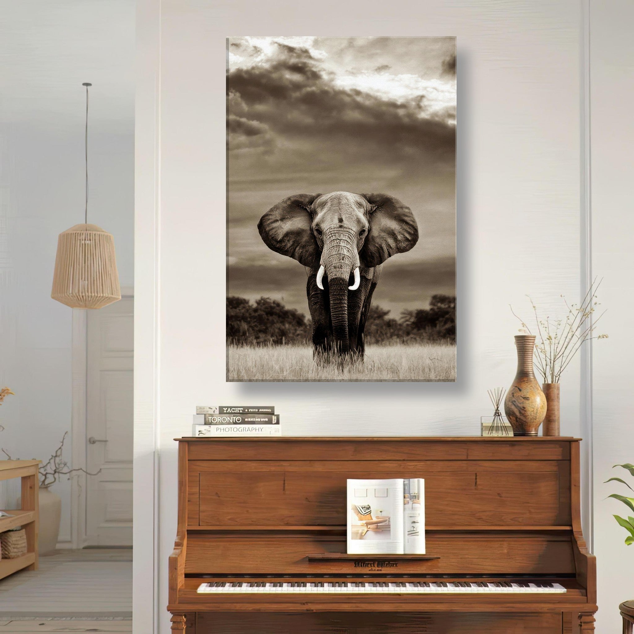 Stunning black-and-white elephant portrait canvas print displayed in a modern living room.