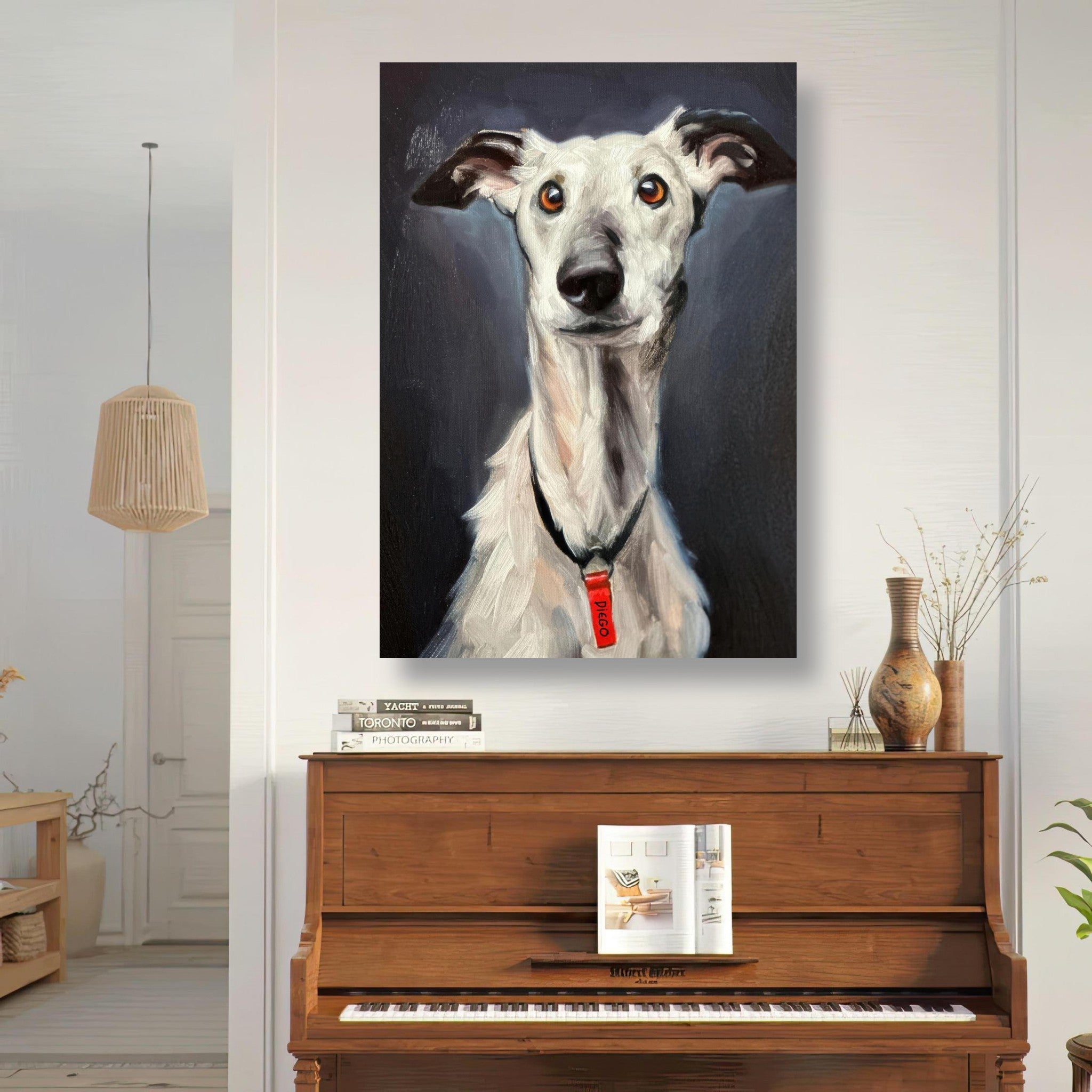 Elegant Greyhound dog painting on metal print displayed above a piano in a stylish home interior.