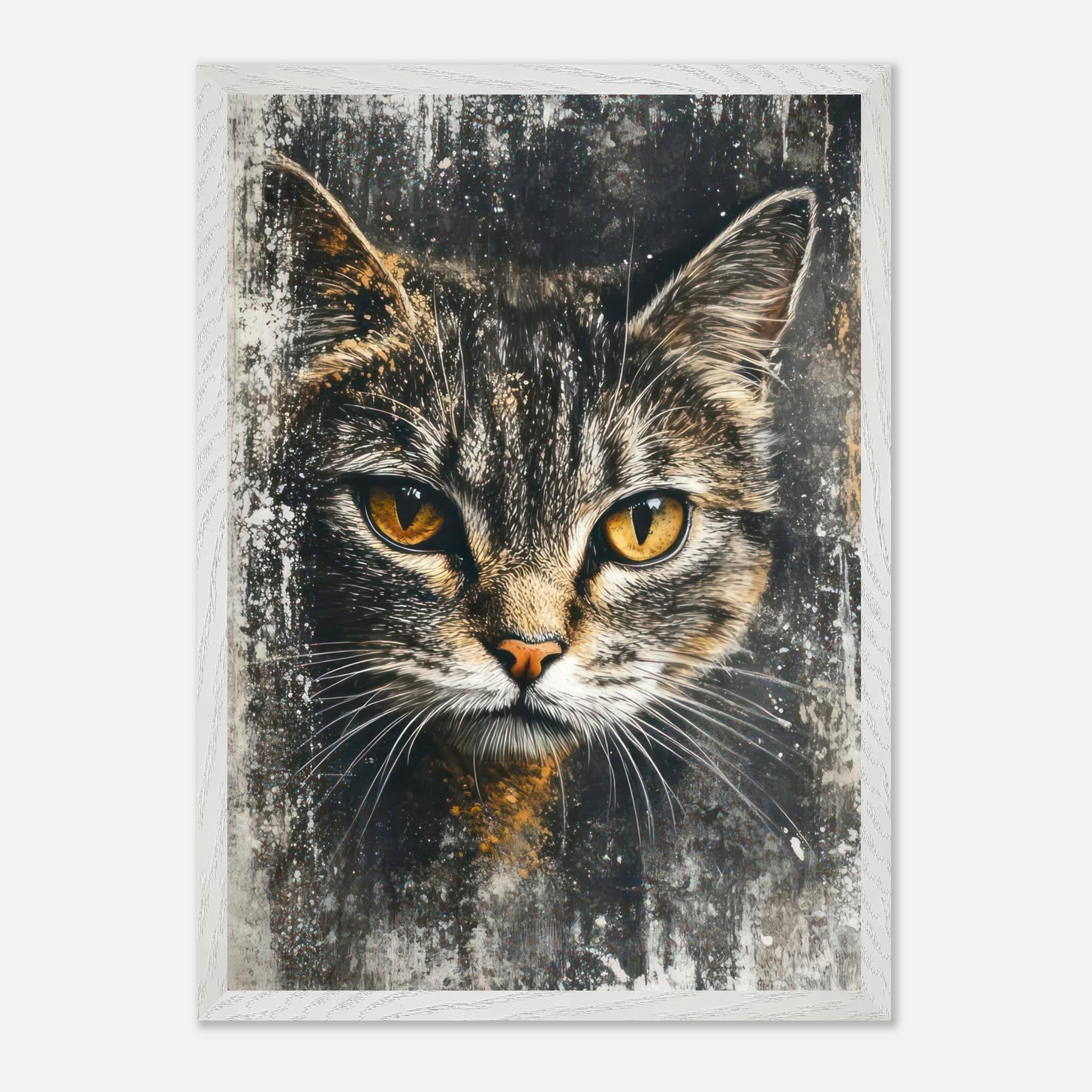 Vintage framed cat painting artwork featuring a feline portrait with striking golden eyes.