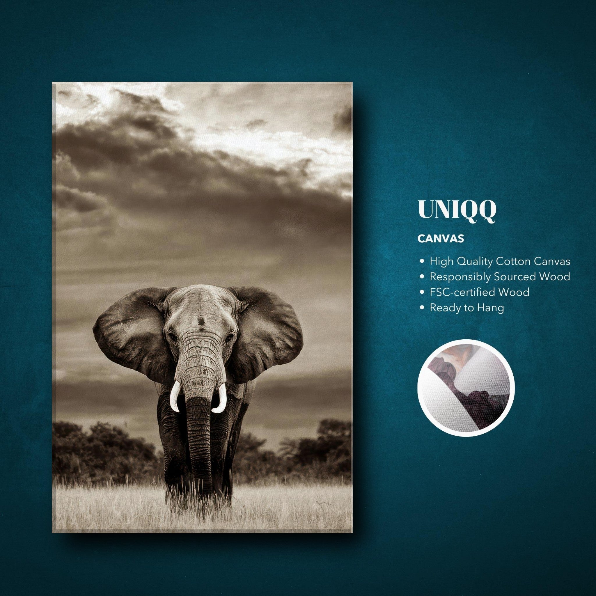 Black-and-white canvas print of an elephant, showcasing its majestic presence and intricate details.