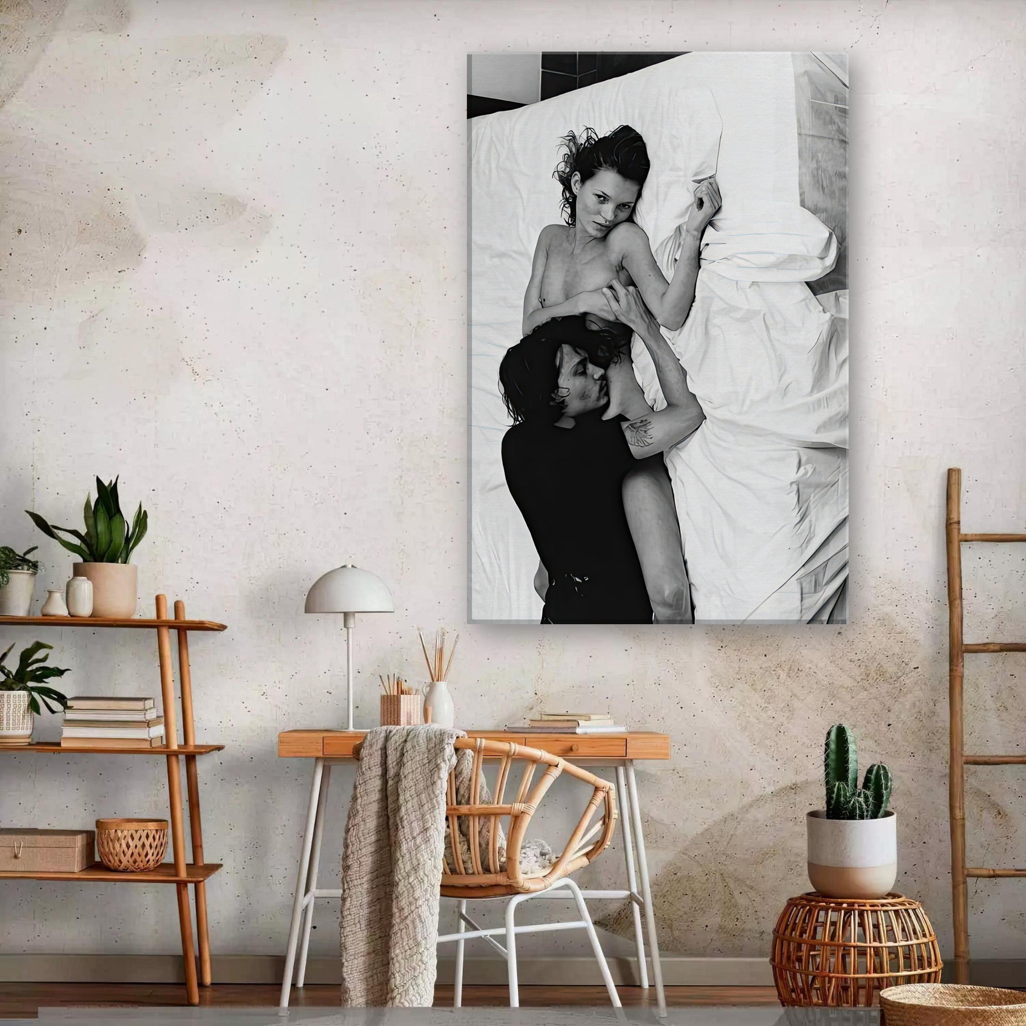 Kate Moss and Johnny Depp Canvas Print, 1994 black-and-white artwork showcasing iconic couple's chemistry in a minimalist setting.