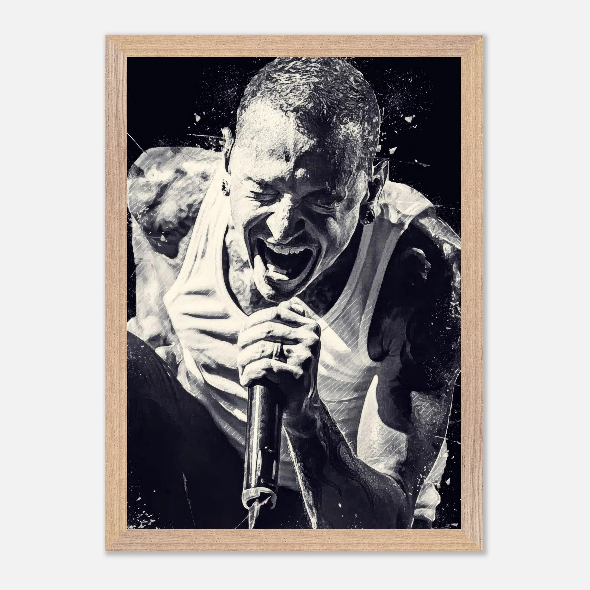 Chester Bennington vintage framed print showcasing the iconic Linkin Park frontman in a passionate performance moment.