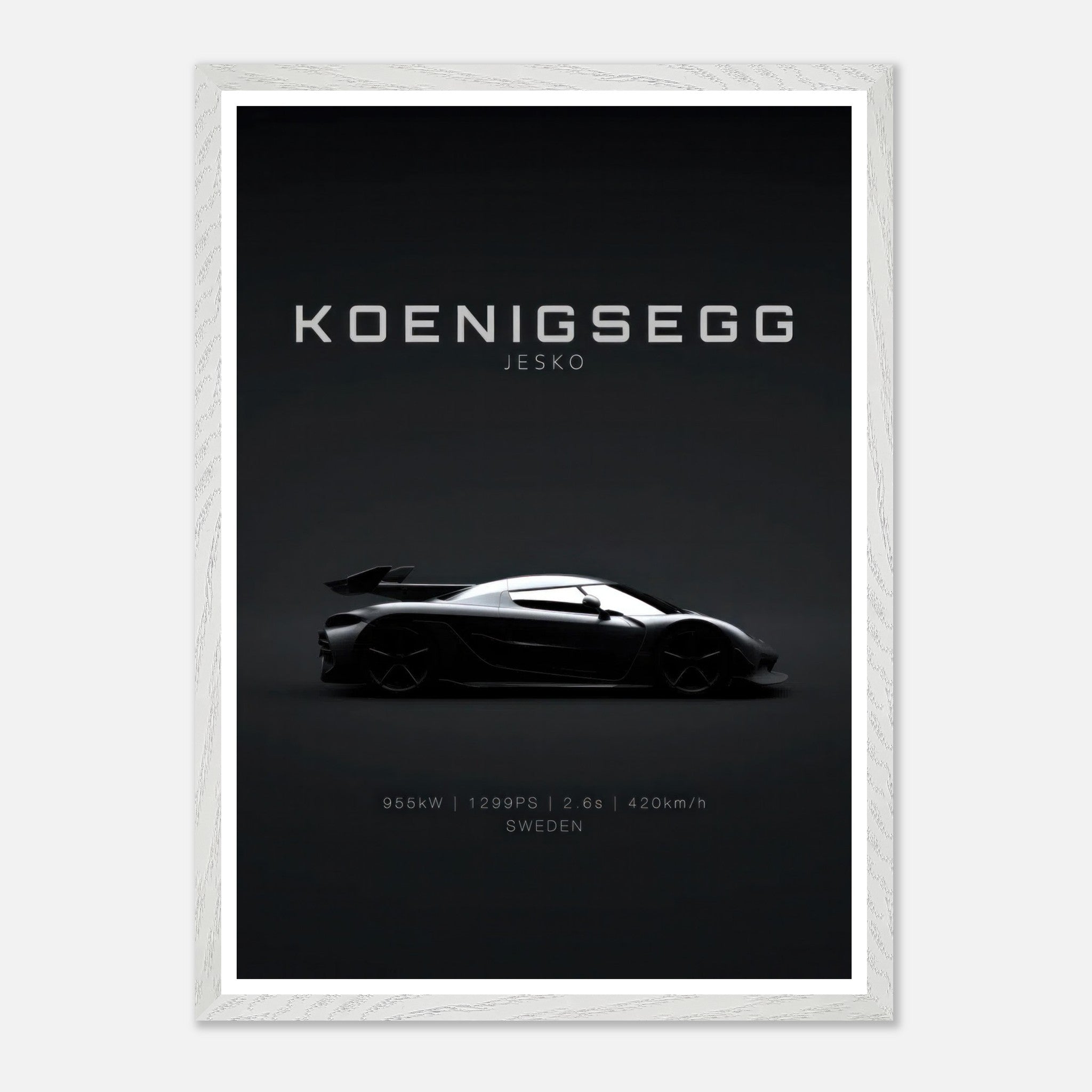 Koenigsegg Jesko vintage framed art featuring sleek car silhouette on a minimalist black background.