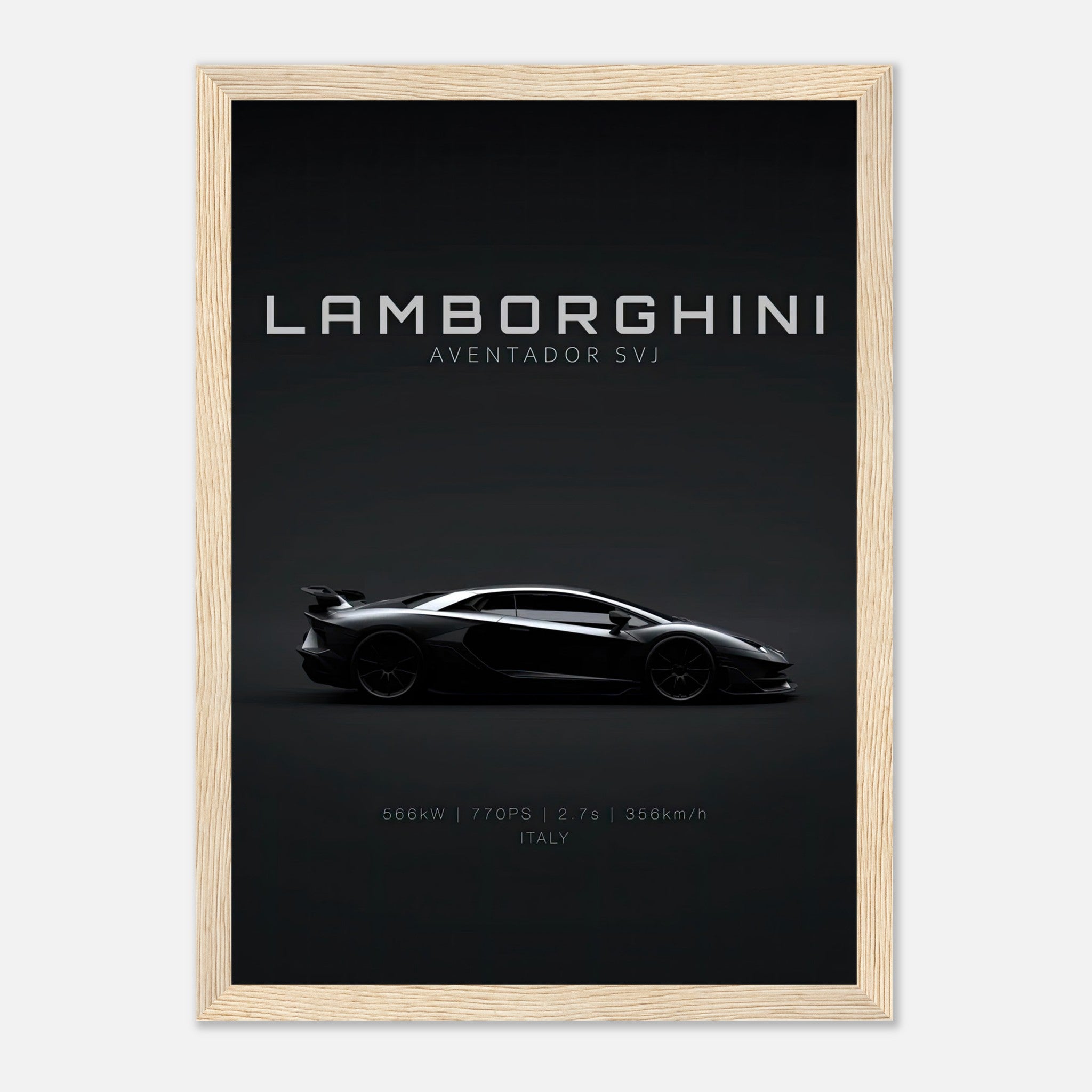 Framed poster of Lamborghini Aventador SVJ showcasing its sleek silhouette and design details.
