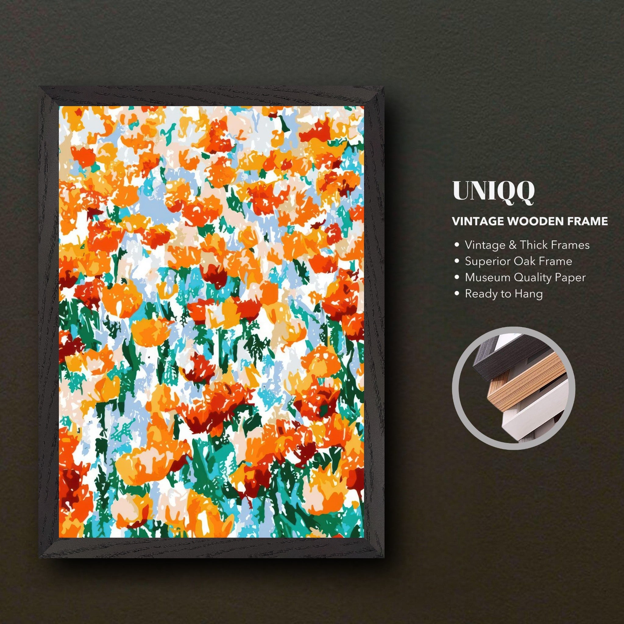 Abstract Floral Tulip Garden Vintage Framed Print with vibrant orange tulips in a modern art style.