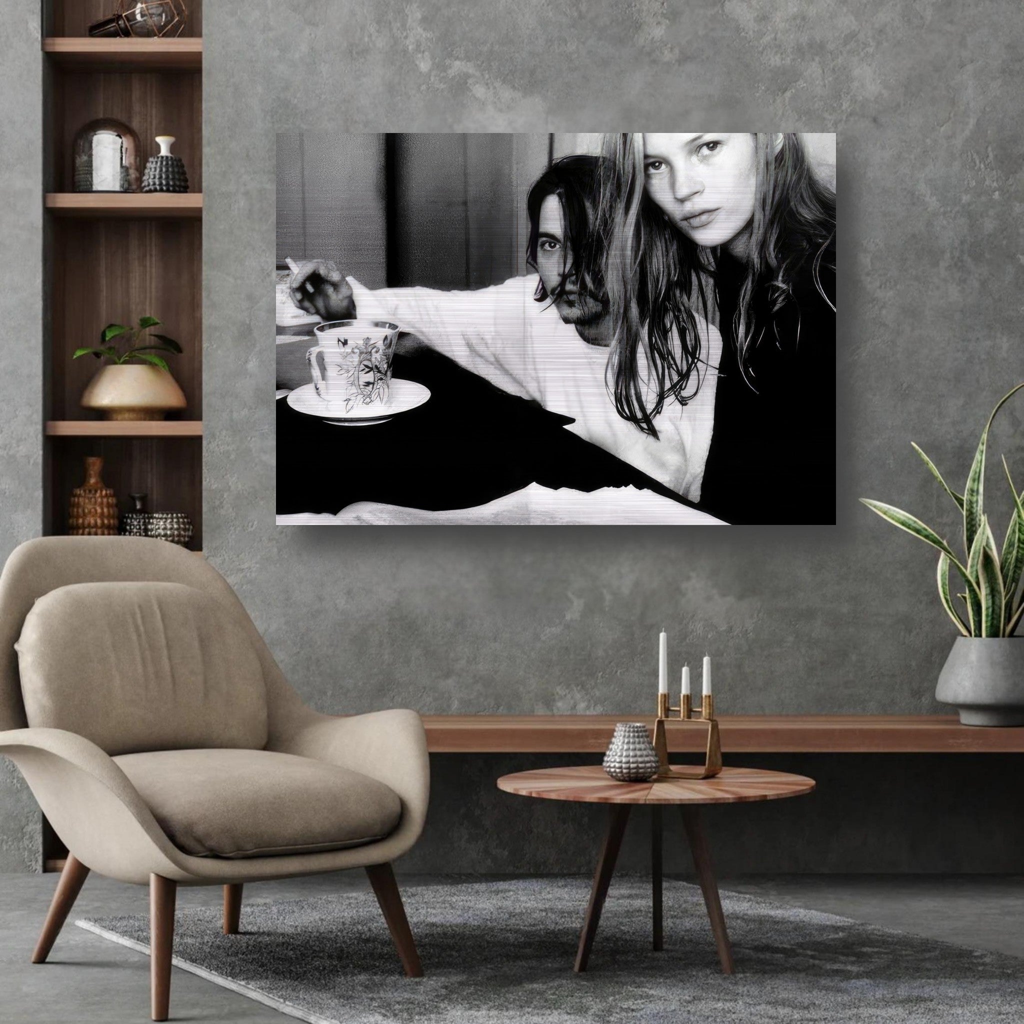 Black and white photograph of Johnny Depp and Kate Moss in an iconic moment, capturing the essence of 1990s rebellion.