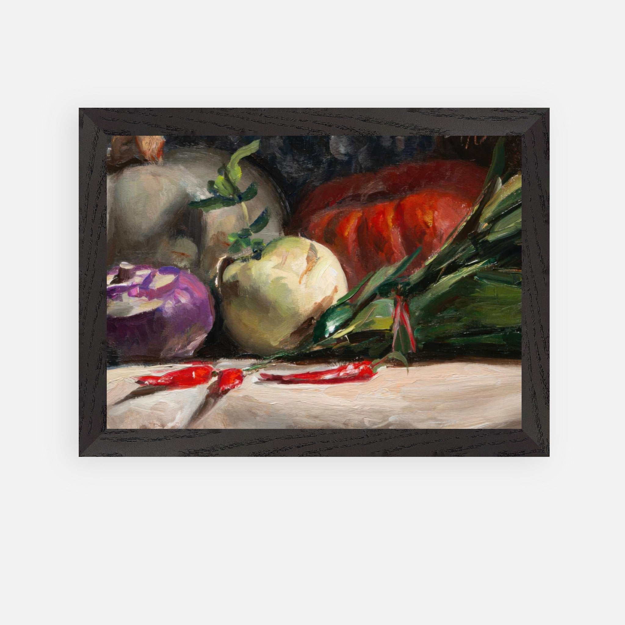 Vintage framed art featuring kohlrabi, pumpkins, and chilis in rich, earthy tones, perfect for kitchens.