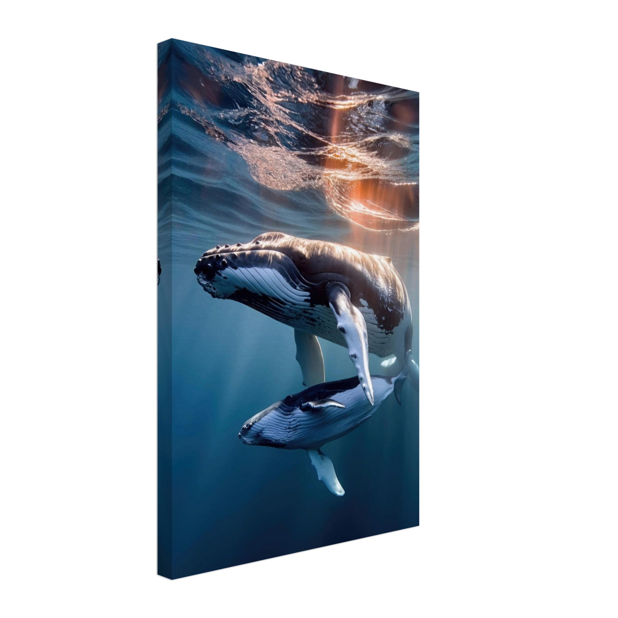 Underwater photography canvas print of humpback whale mother and calf swimming in serene blue waters.