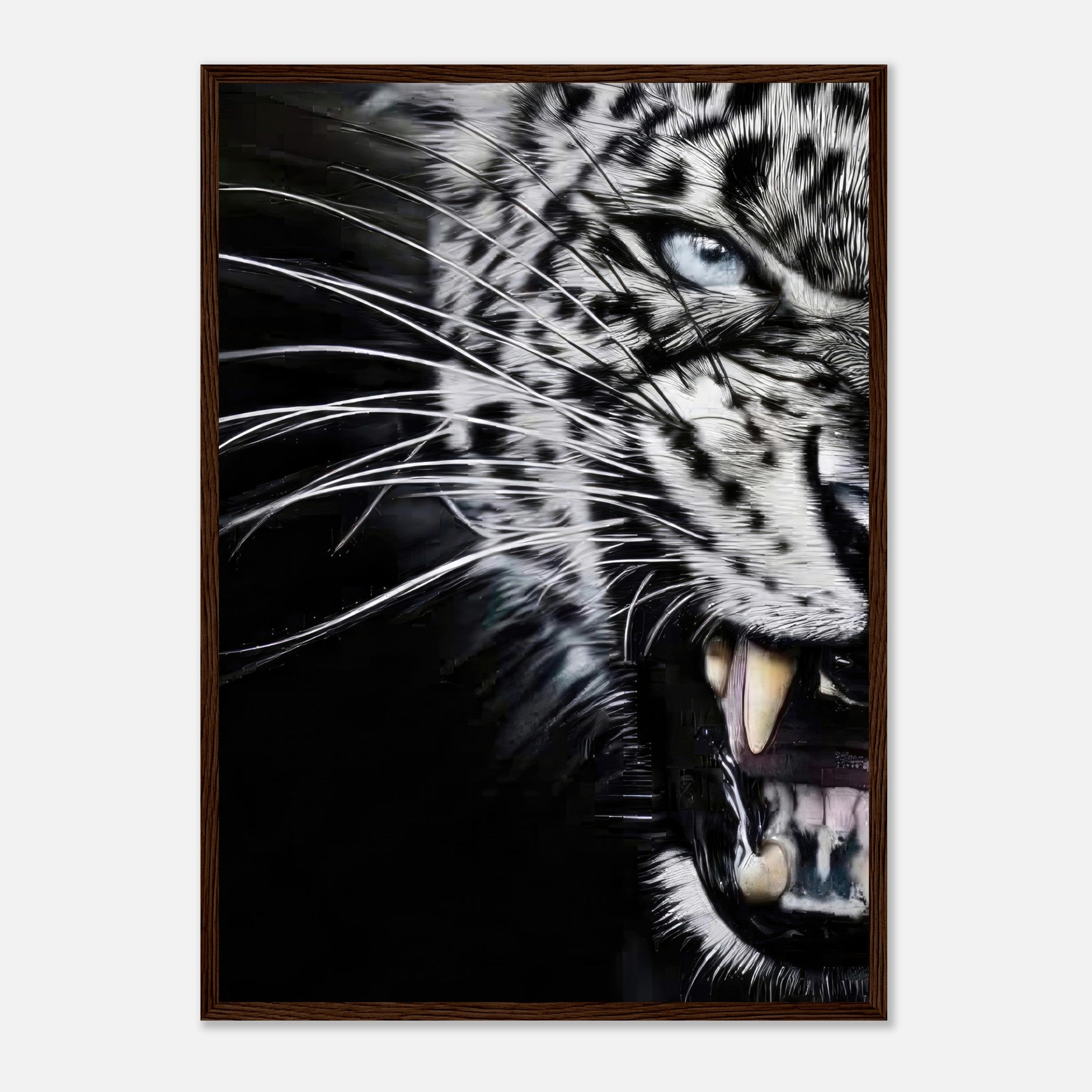 Close-up portrait of a fierce leopard, showcasing sharp fangs and striking blue eye in a framed print.
