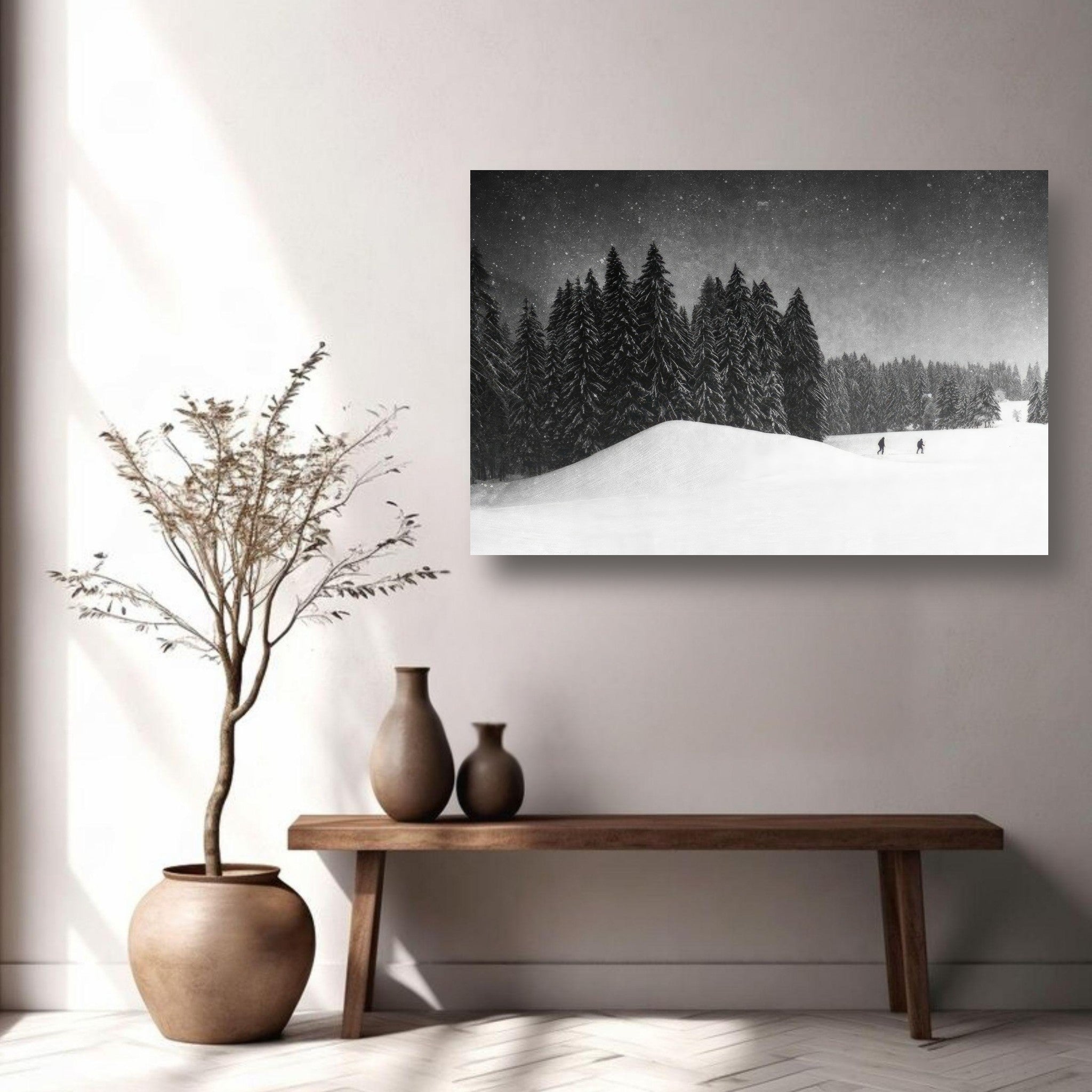 Winter Crossing metal print showcasing a snowy landscape with figures crossing a snow-covered field and evergreens.
