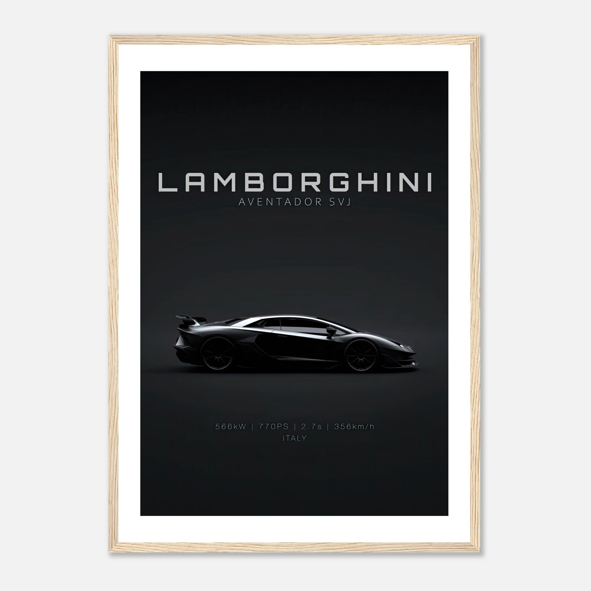Lamborghini Aventador SVJ framed poster showcasing sleek silhouette and premium design details.