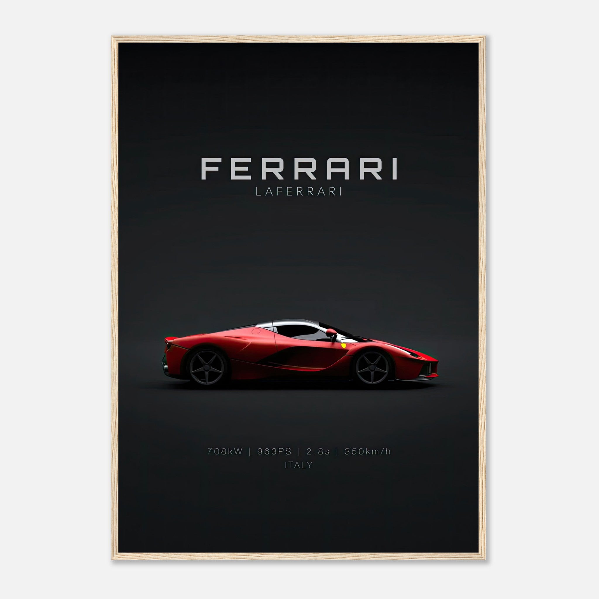 Framed poster of Ferrari Laferrari showcasing iconic hypercar in signature red on a dark background.