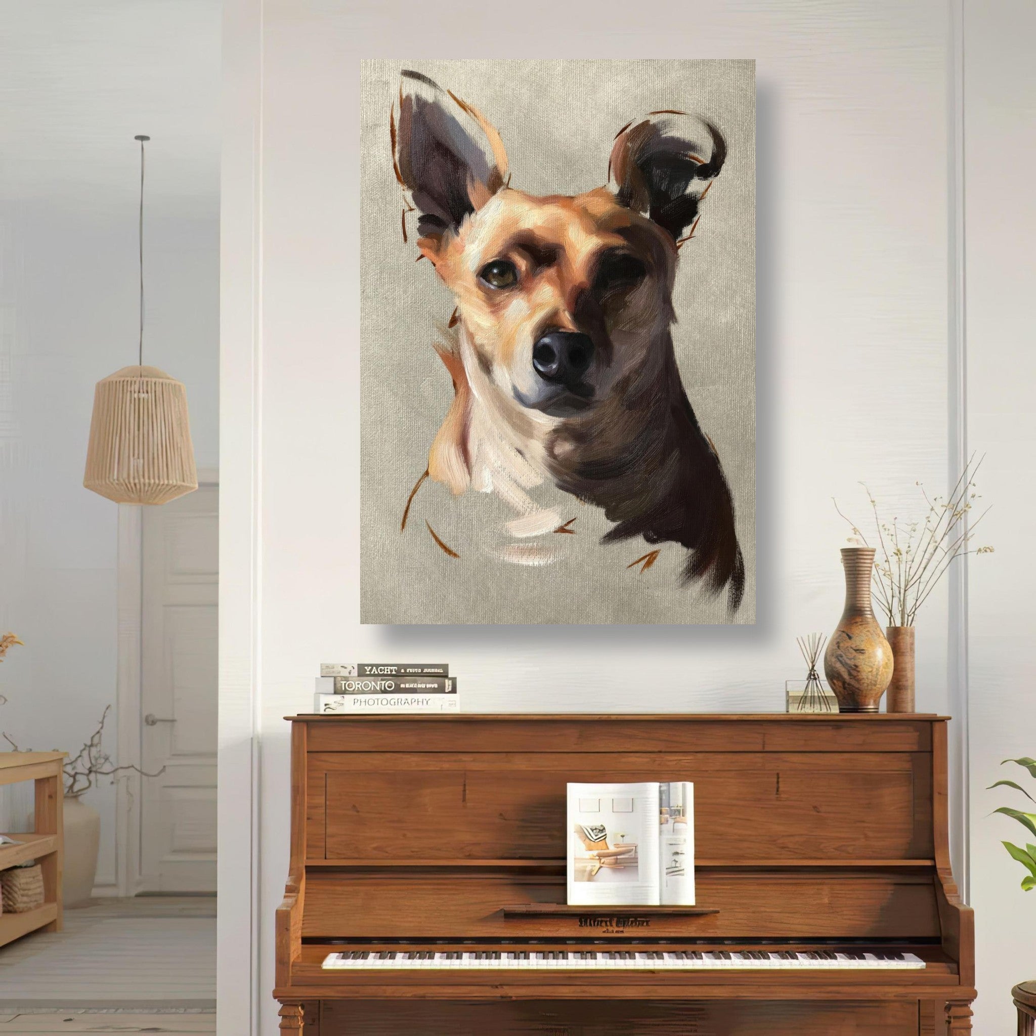 Charming Chihuahua dog painting metal print displayed in a stylish interior, adding personality to the space.