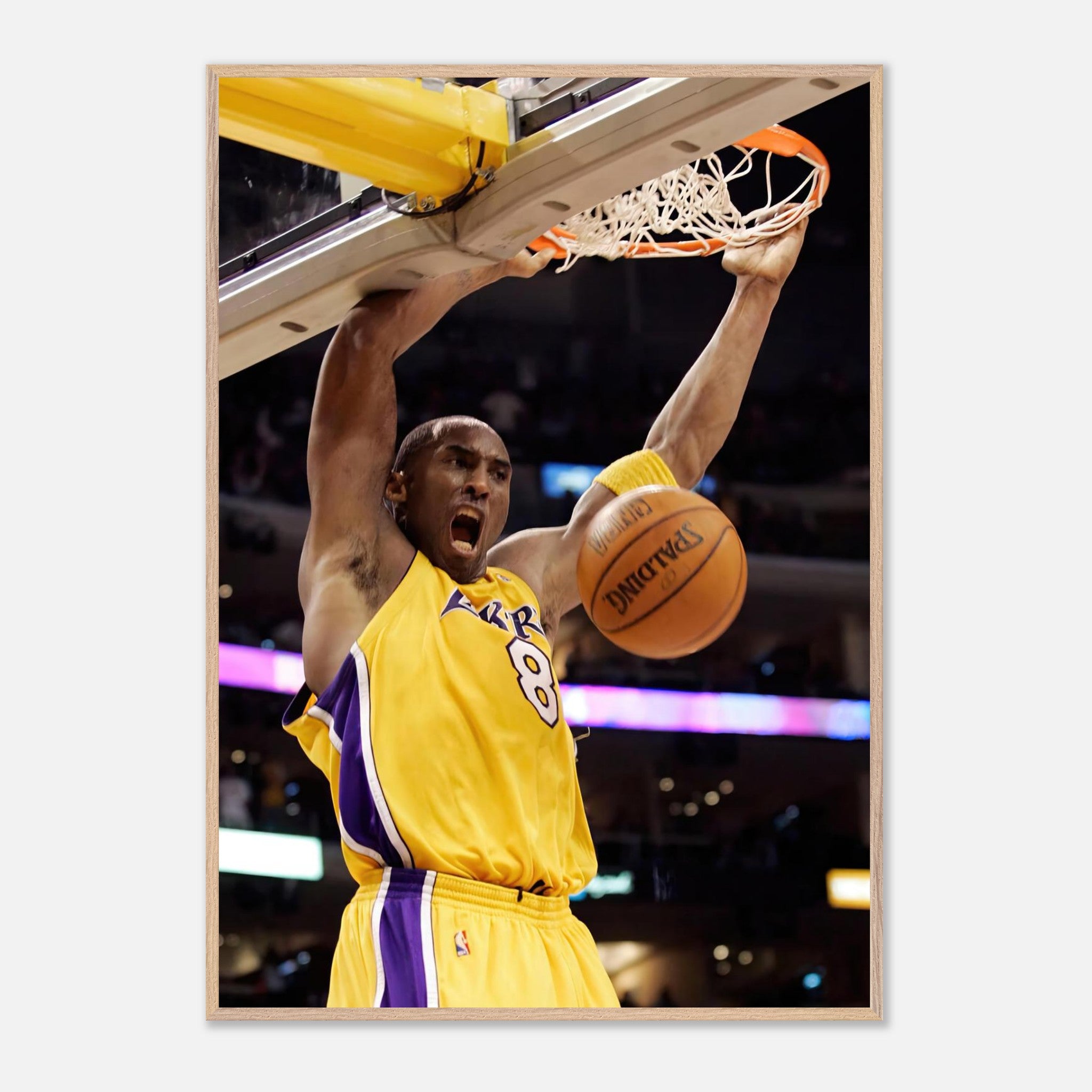 Kobe Bryant performing an iconic slam dunk in a yellow Lakers jersey, showcasing passion and energy in fine art print.
