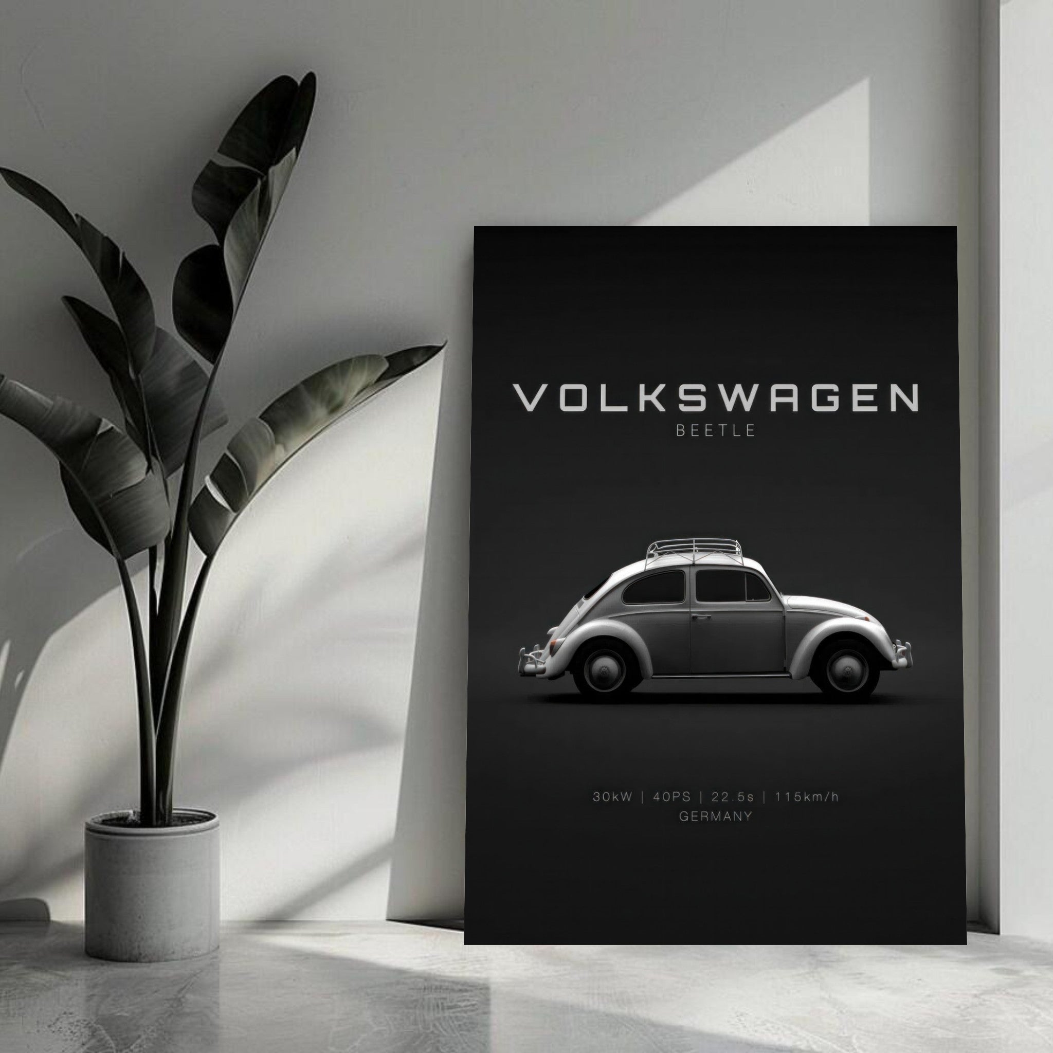 Volkswagen Beetle metal print showcasing iconic car silhouette against dark background, perfect for automotive decor.