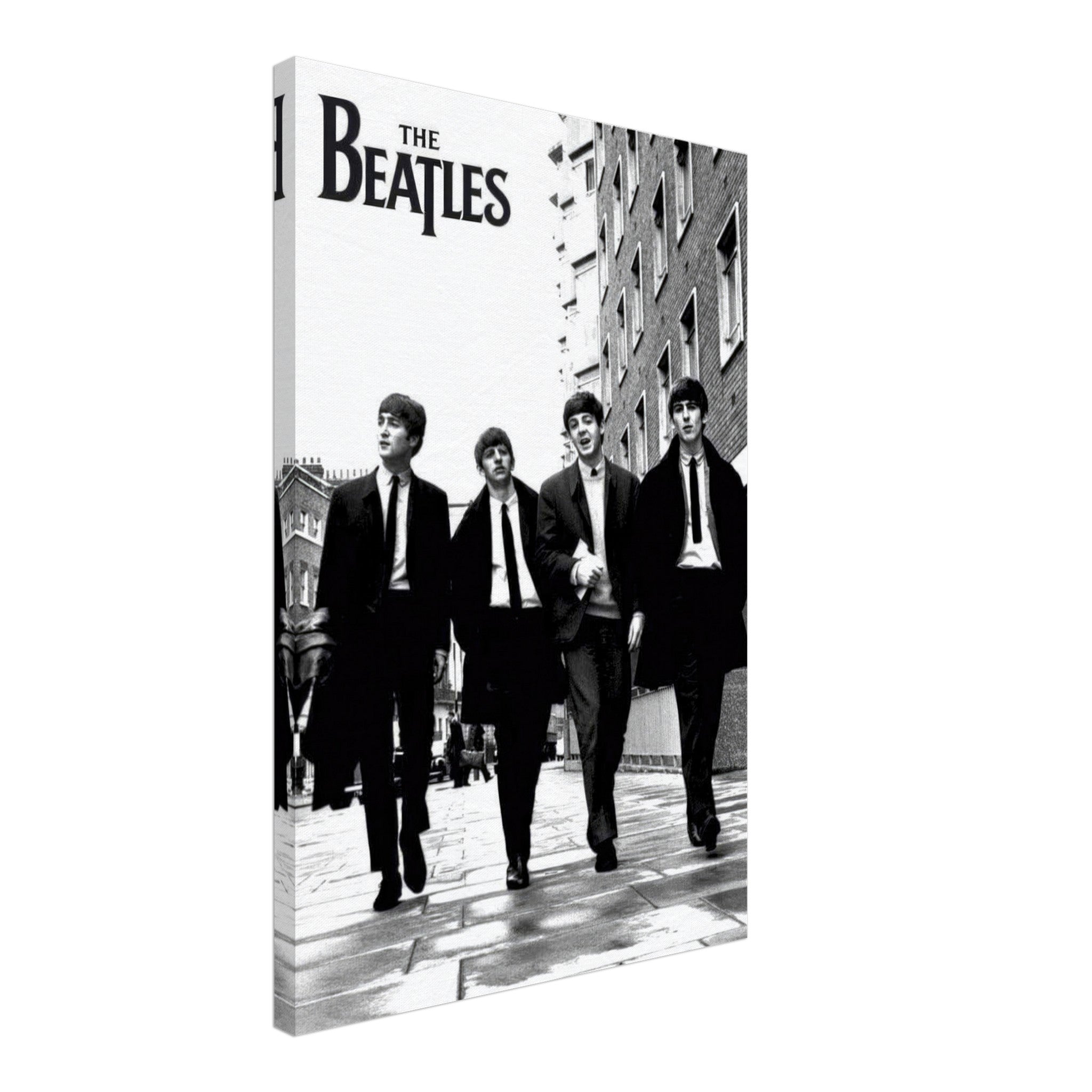 Black and white canvas print of The Beatles walking on a city street, featuring iconic band members in suits.