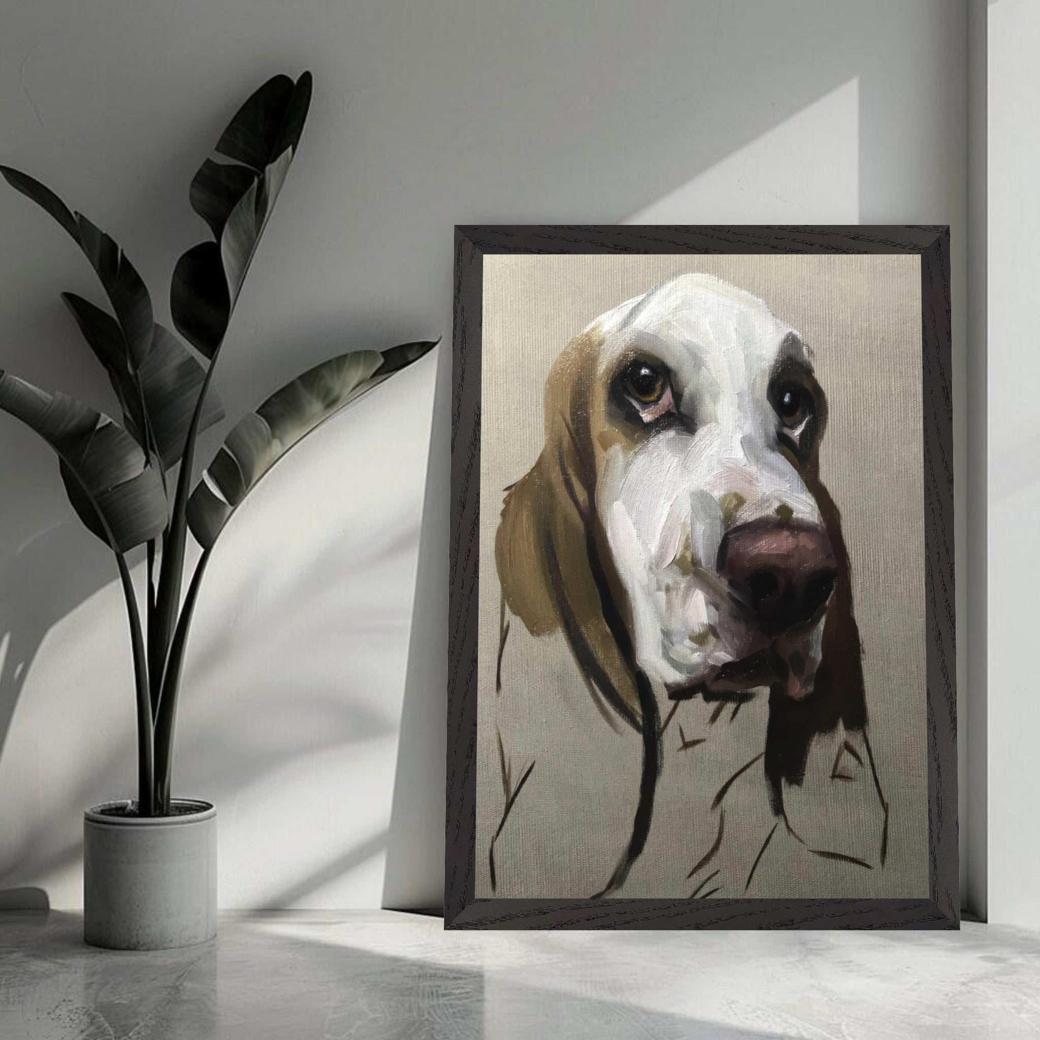Basset Hound dog painting in vintage frame, showcasing expressive brushstrokes and a soulful gaze in a cozy home setting.